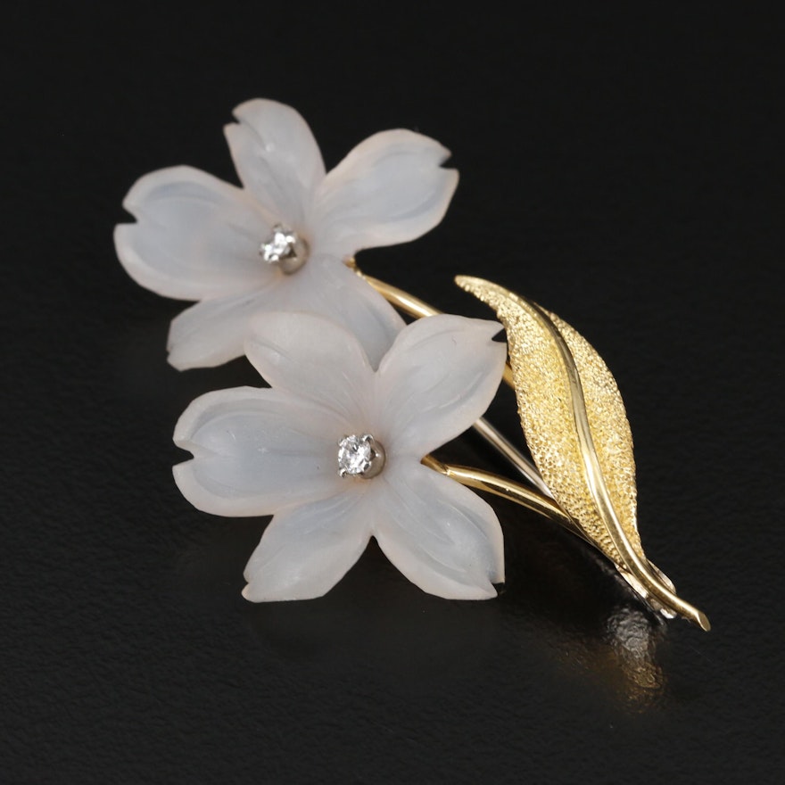 18K Gold Chalcedony and Diamond Flower Brooch