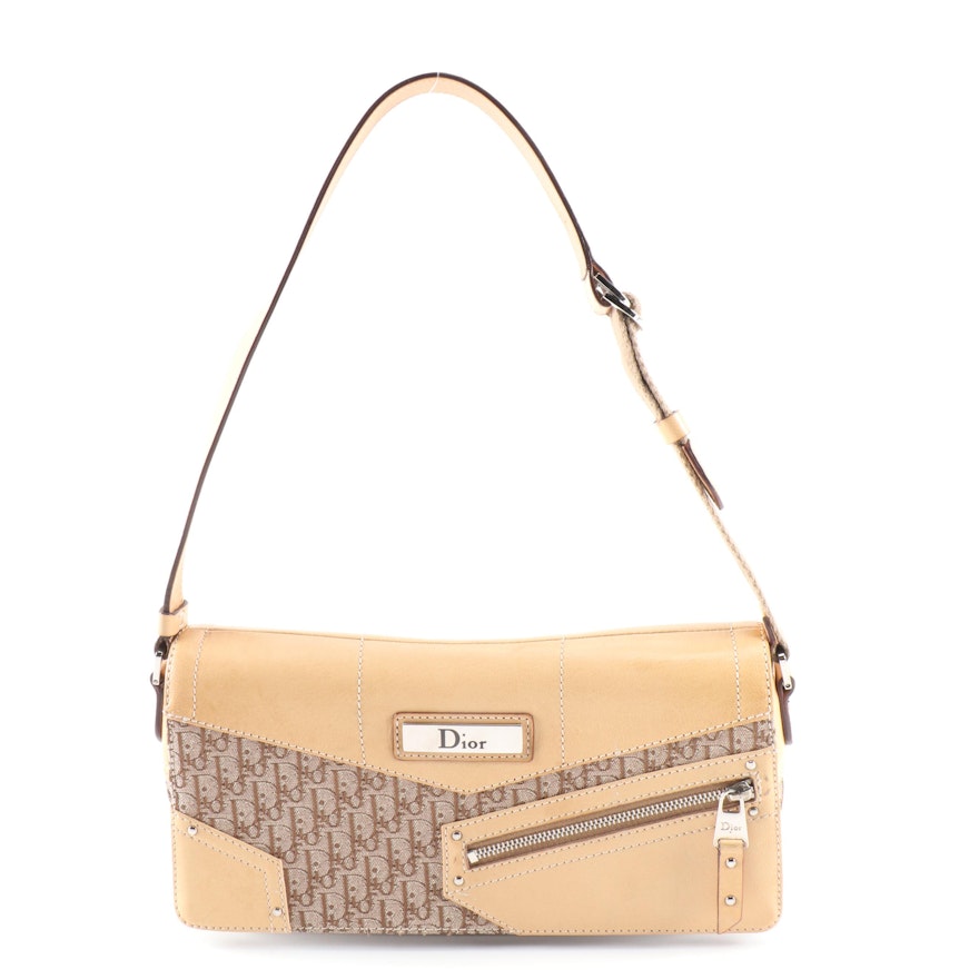 Christian Dior Brown Light Jacquard Fabric Oblique and Leather Shoulder Bag