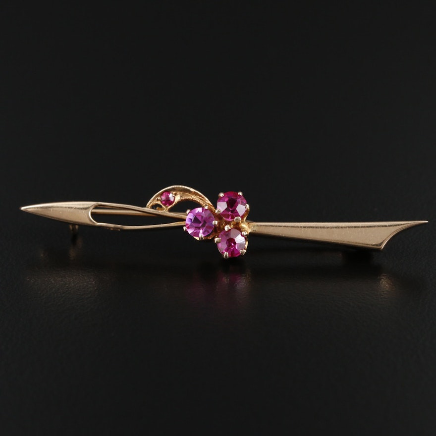 1950s Russian 14K Yellow Gold Synthetic Ruby Bar Brooch