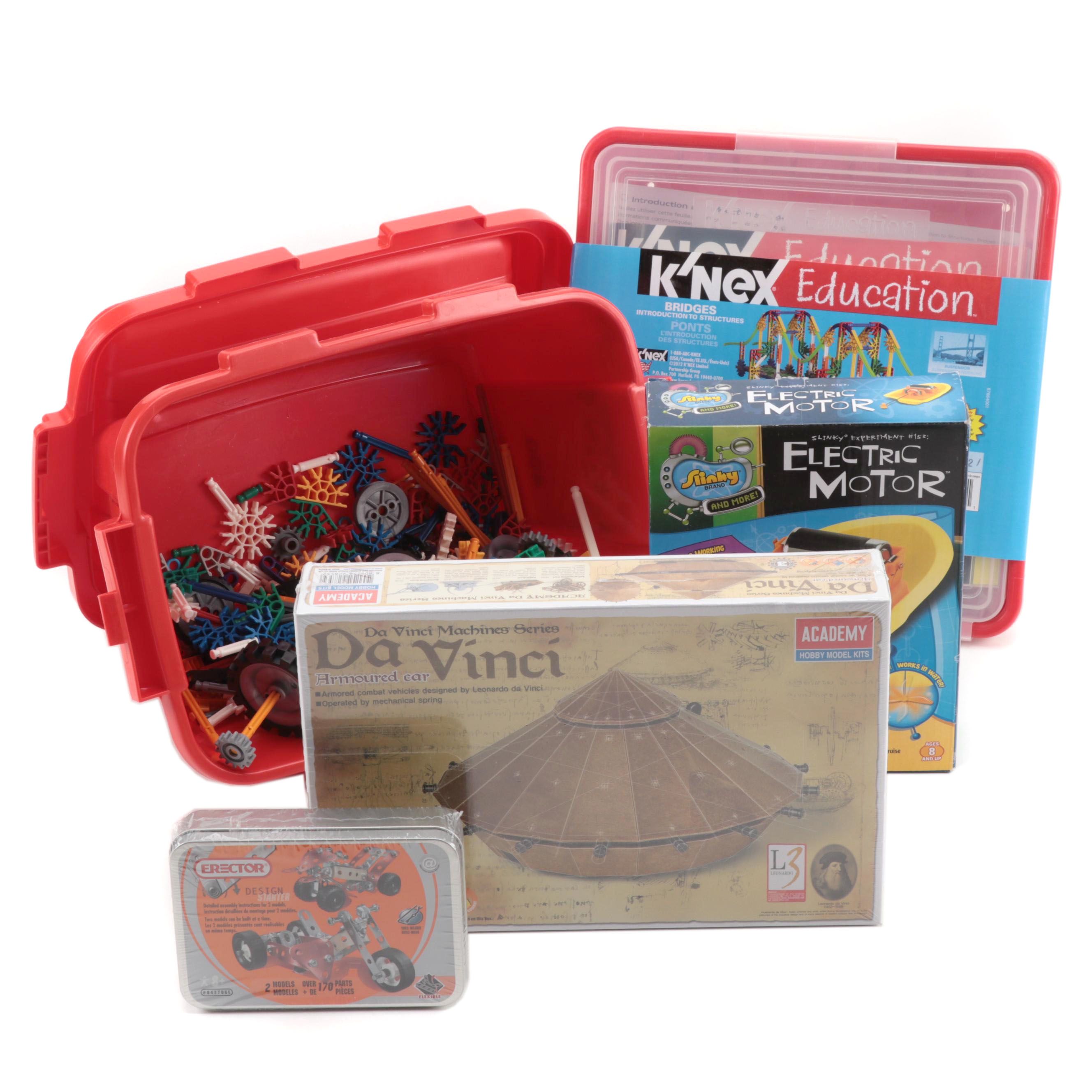 K’Nex Bridges and Value Tub, Academy Da Vinci Car, with Sidecar Erector Kit