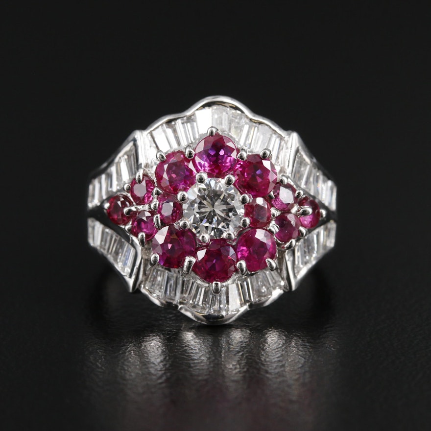 Vintage Platinum 1.45 CTW Diamond and Ruby Tapered Ring