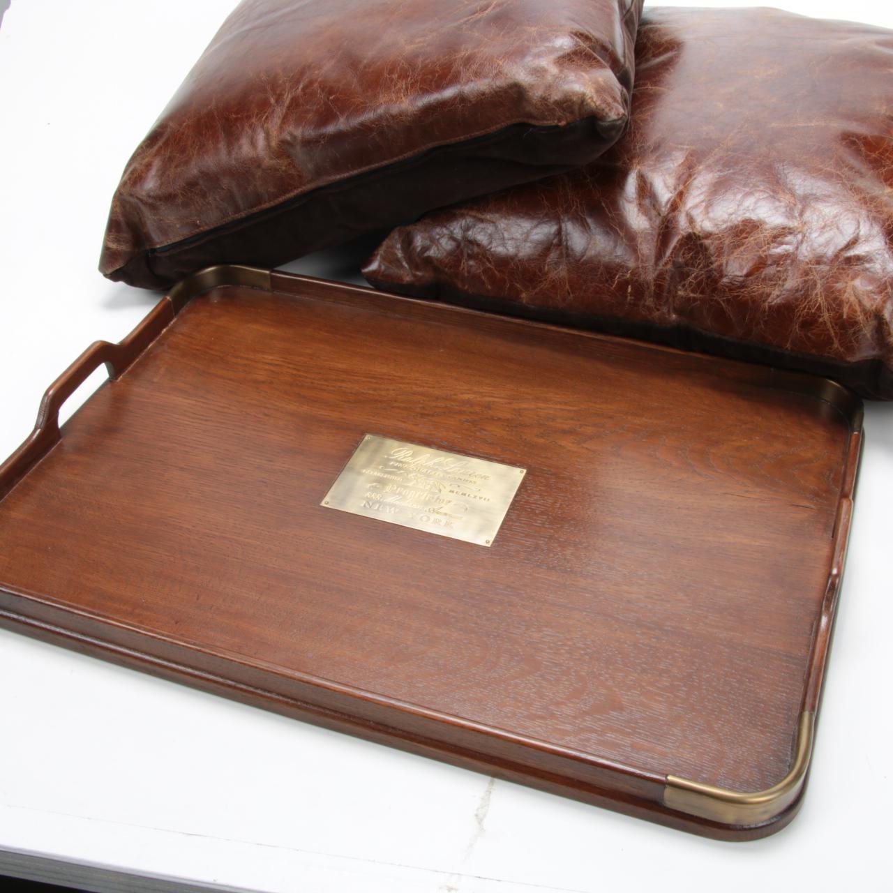 Ralph Lauren Oversized Wooden Tray and Distressed Leather Pillows