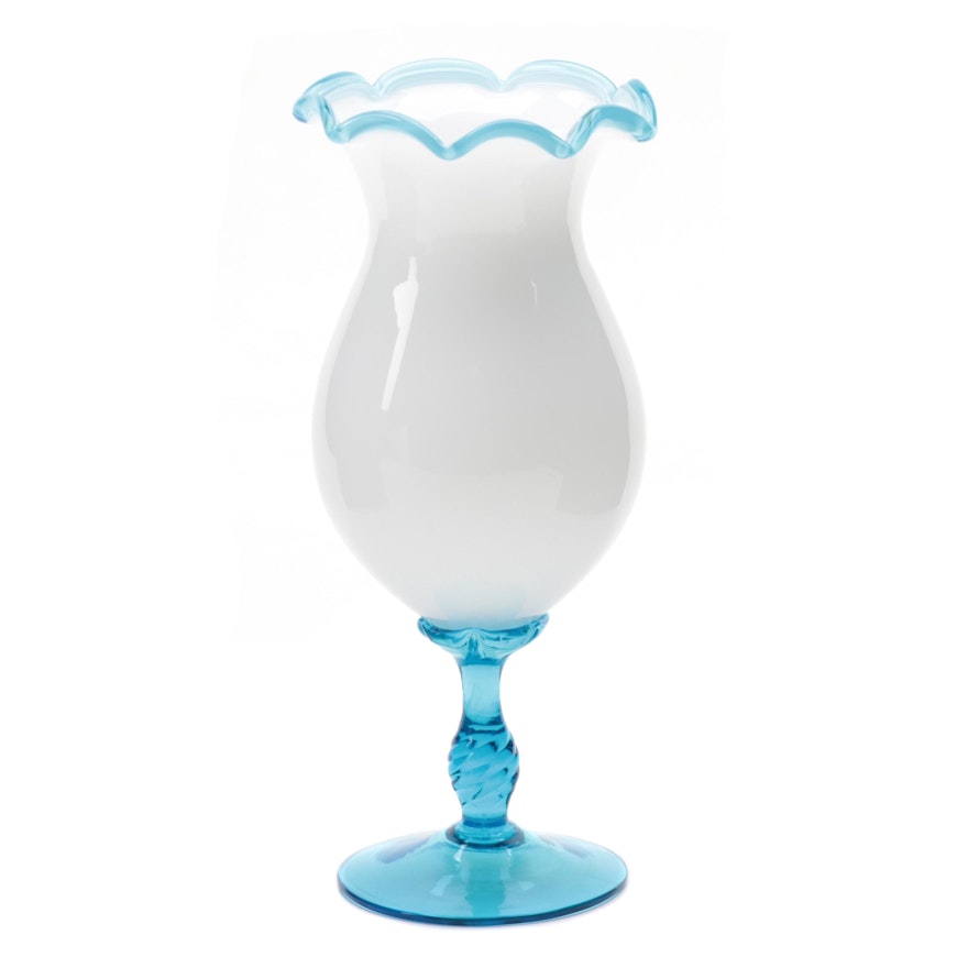 Blue and White Cased Glass Vase with Ruffled Rim