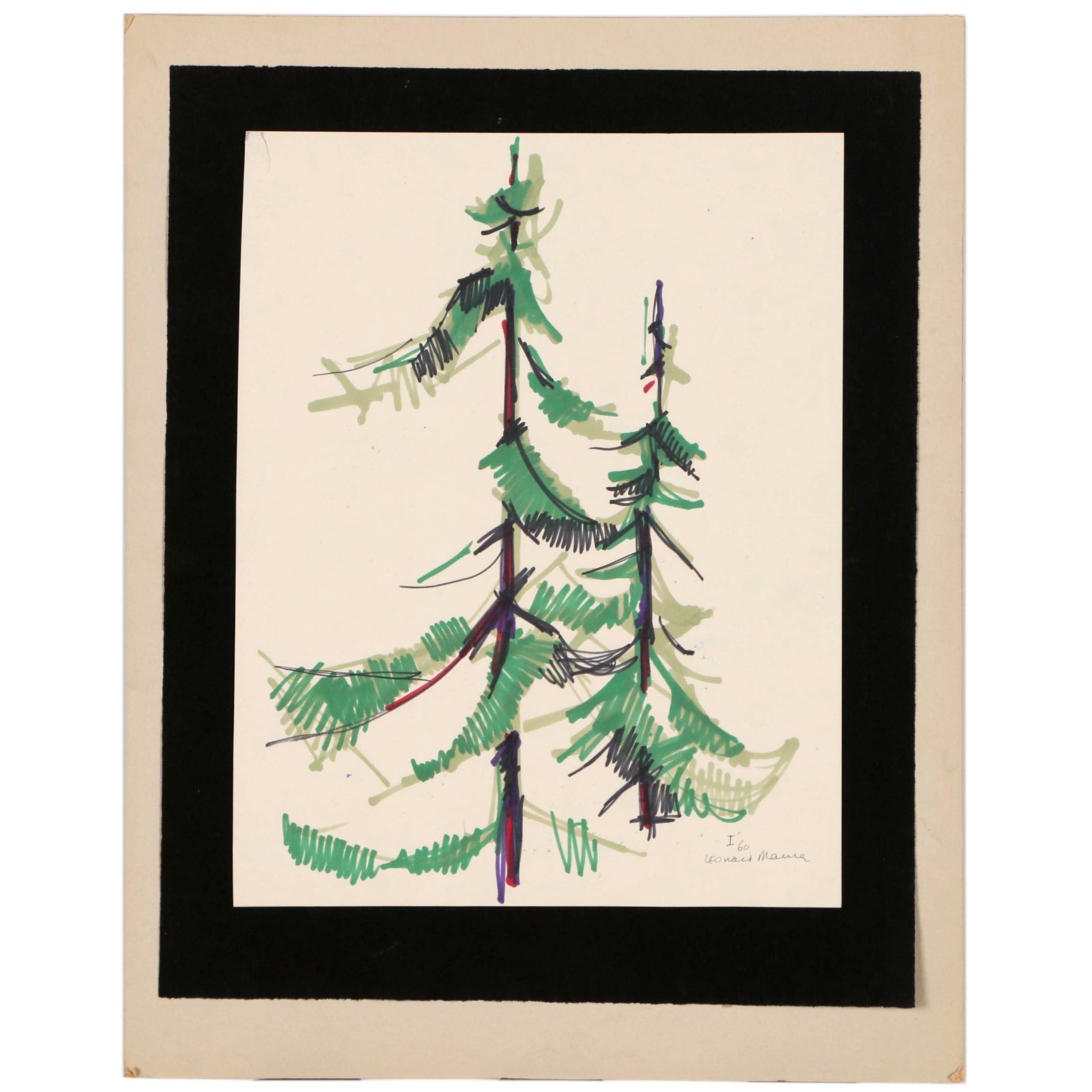 Leonard Maurer Ink Drawing of Trees, 1960