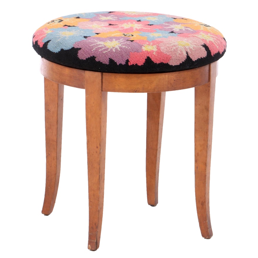 Federal Style Cherrywood and Floral Needlepoint Swivel Stool