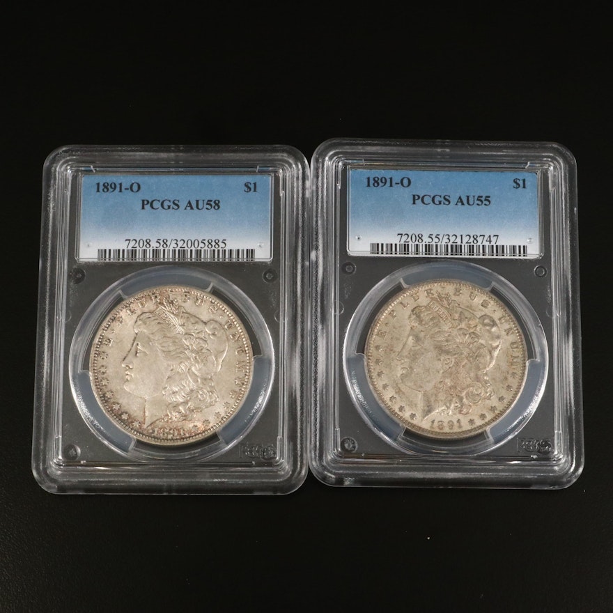 Two 1891-O Morgan Silver Dollars Graded AU55 and AU58 by PCGS