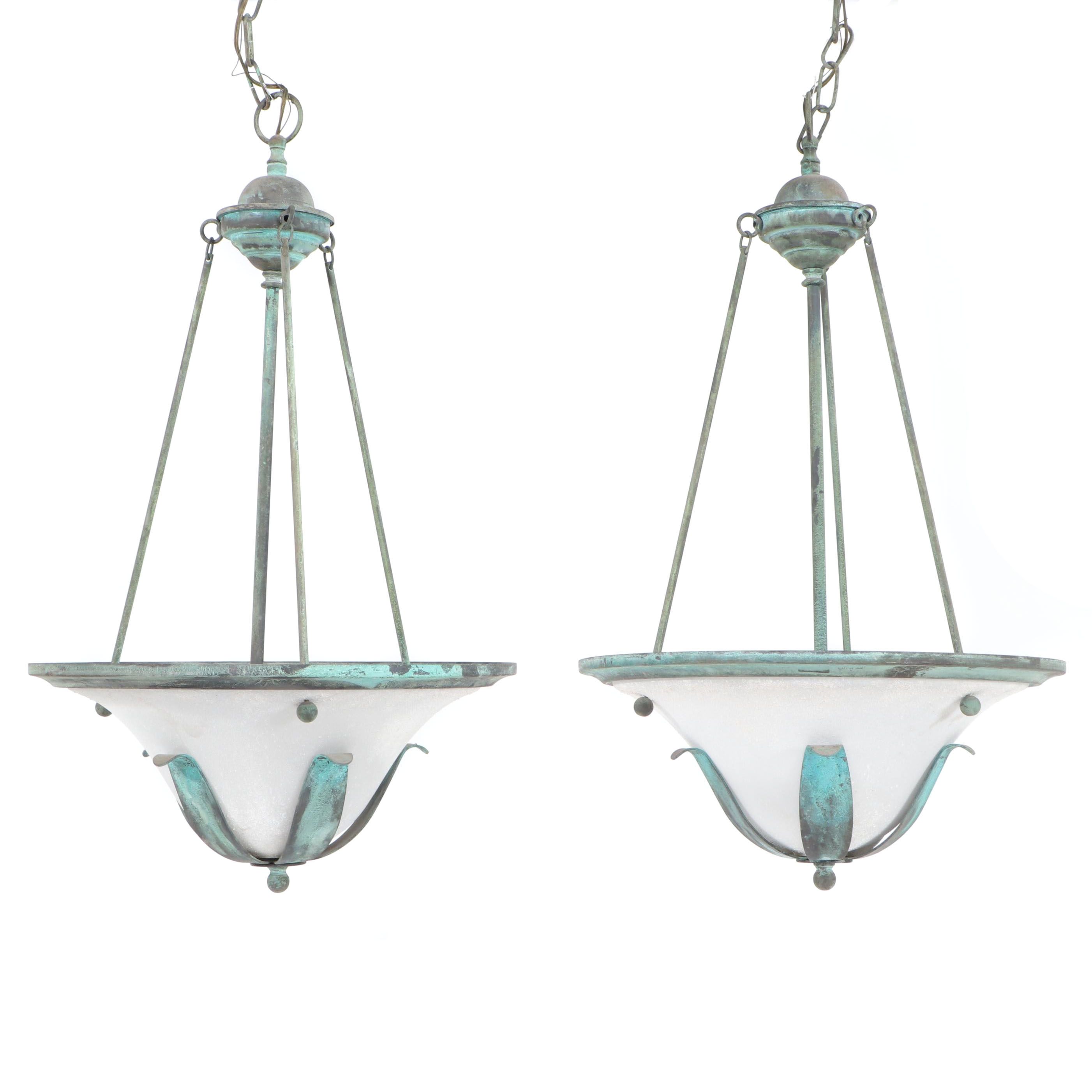 Patinated Brass and Frosted Glass Ceiling Light Fixtures