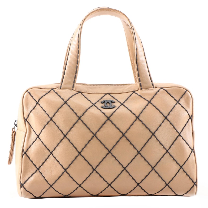 Chanel Tan Leather Wild Stitch Top Handle Bag with Black Contrast Stitching