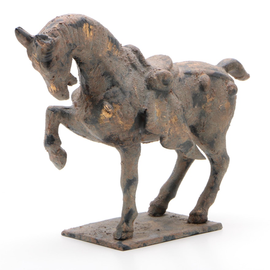 Japanese Gold-Leaf Accented Patinated Cast Iron Figure of a Horse