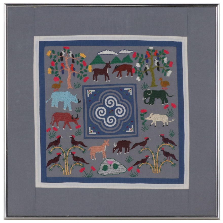 Hmong Paj N'Taub Reverse Appliqué Panel with Embroidered Animals