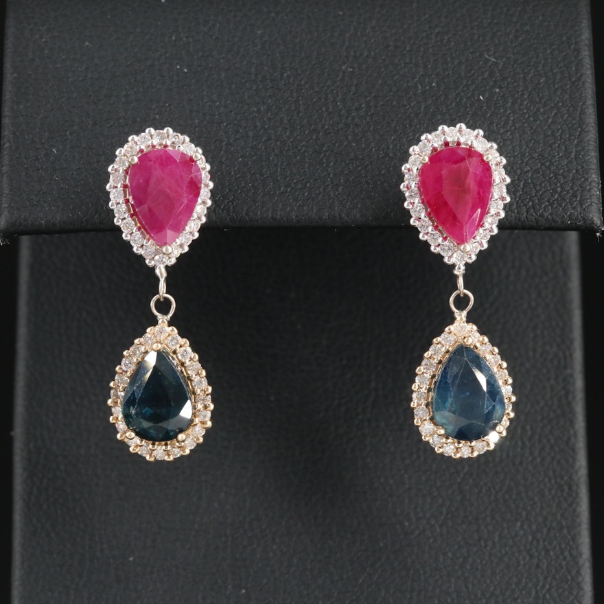 14K Gold Ruby, Sapphire and Diamond Earrings