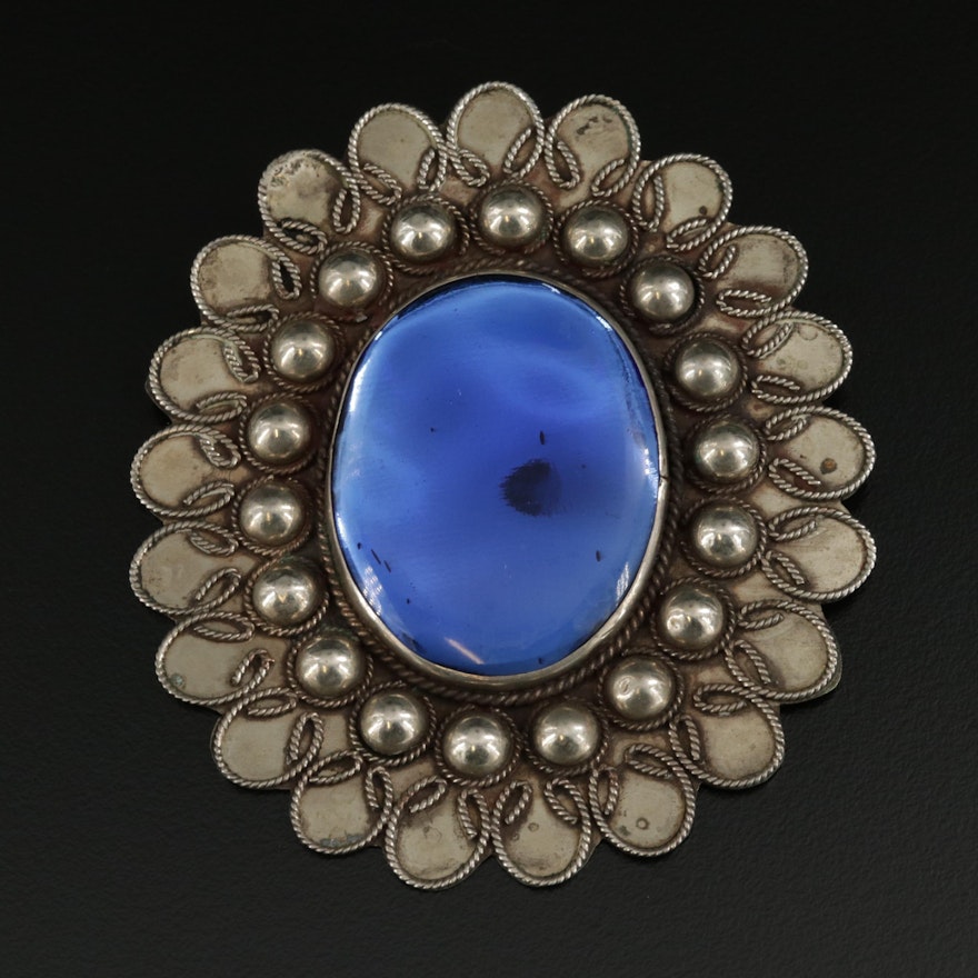 Scalloped Oval Converter Brooch with Blue Glass Cabochon