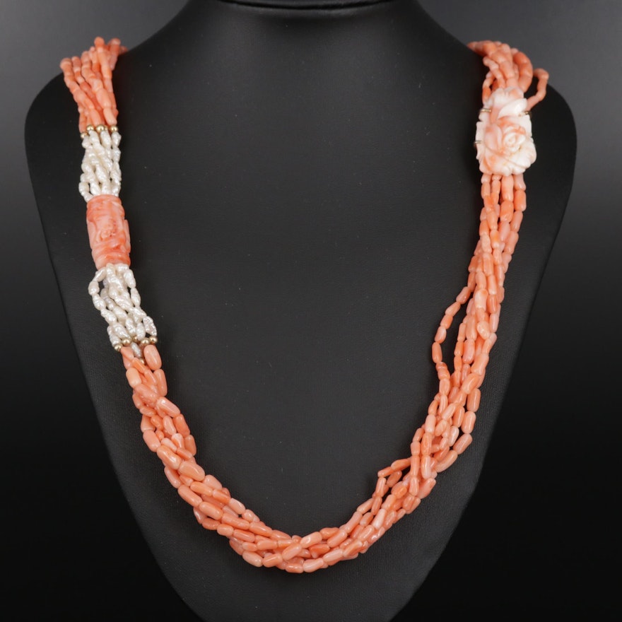 Multi-Strand Carved Coral, Pearl and 14K Gold Necklace