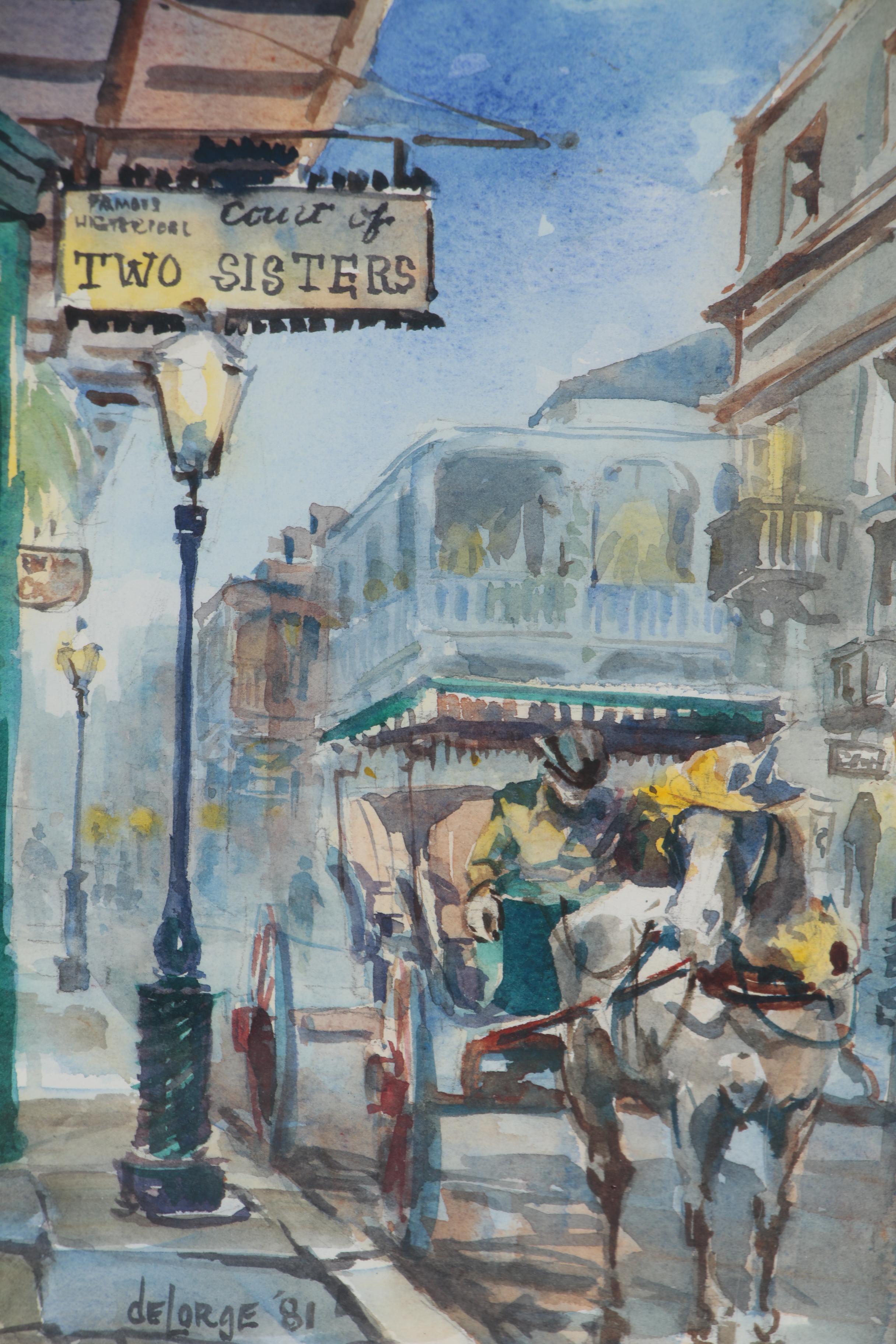 Ann DeLorge New Orleans Street Scene Watercolor Painting, 1981