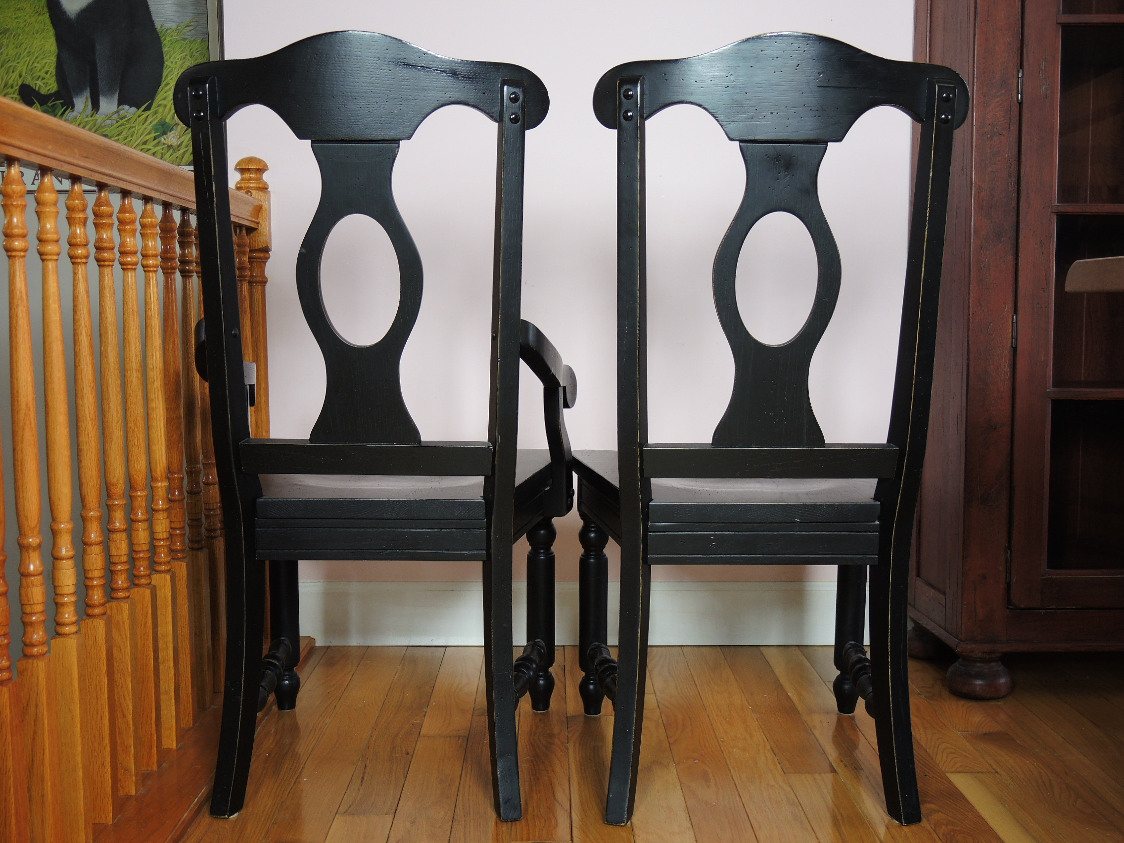 Broyhill "Attic Heirlooms" Rustic Oak Planked Table and Six Ebonized Chairs