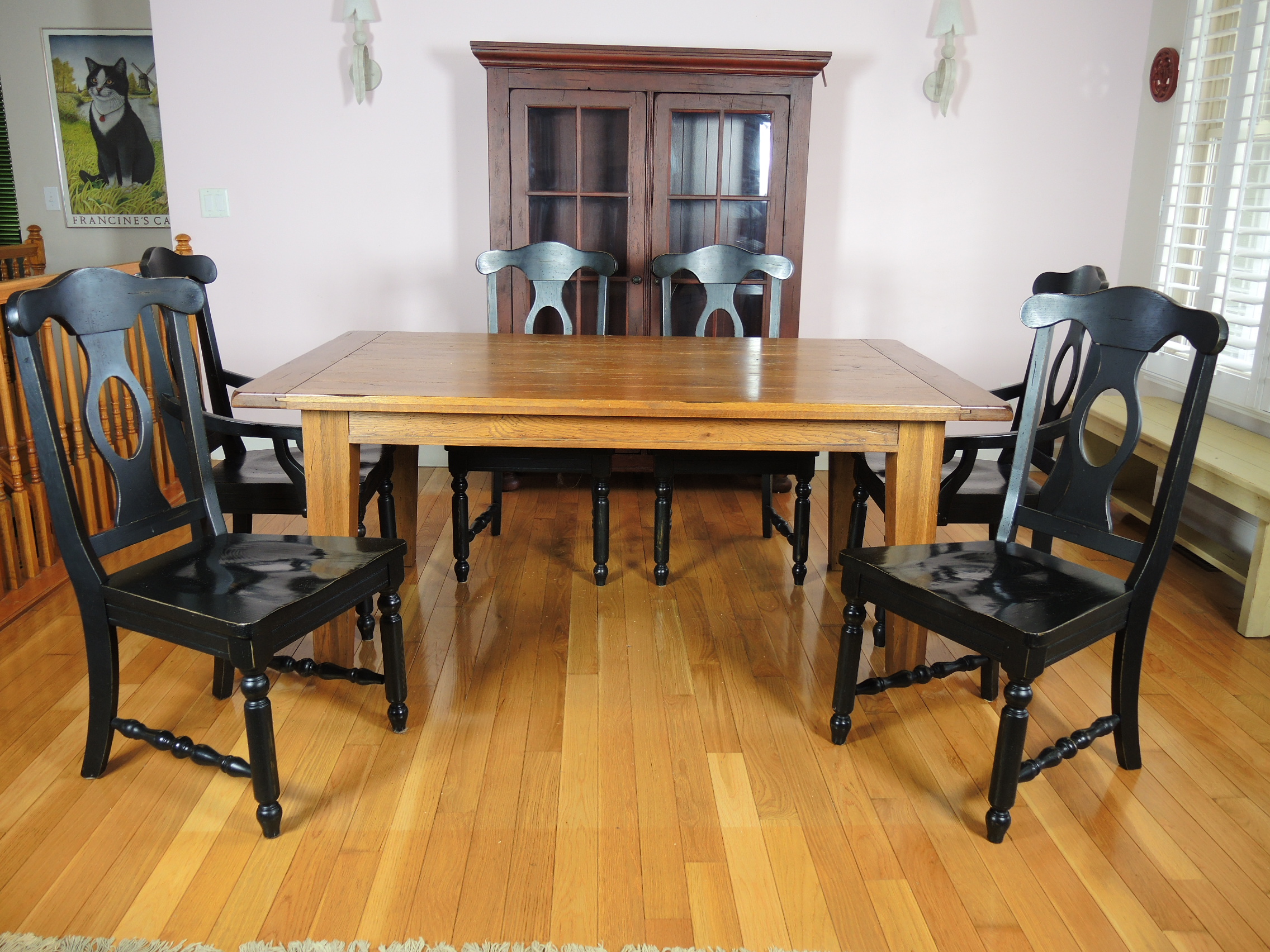 Broyhill "Attic Heirlooms" Rustic Oak Planked Table and Six Ebonized Chairs