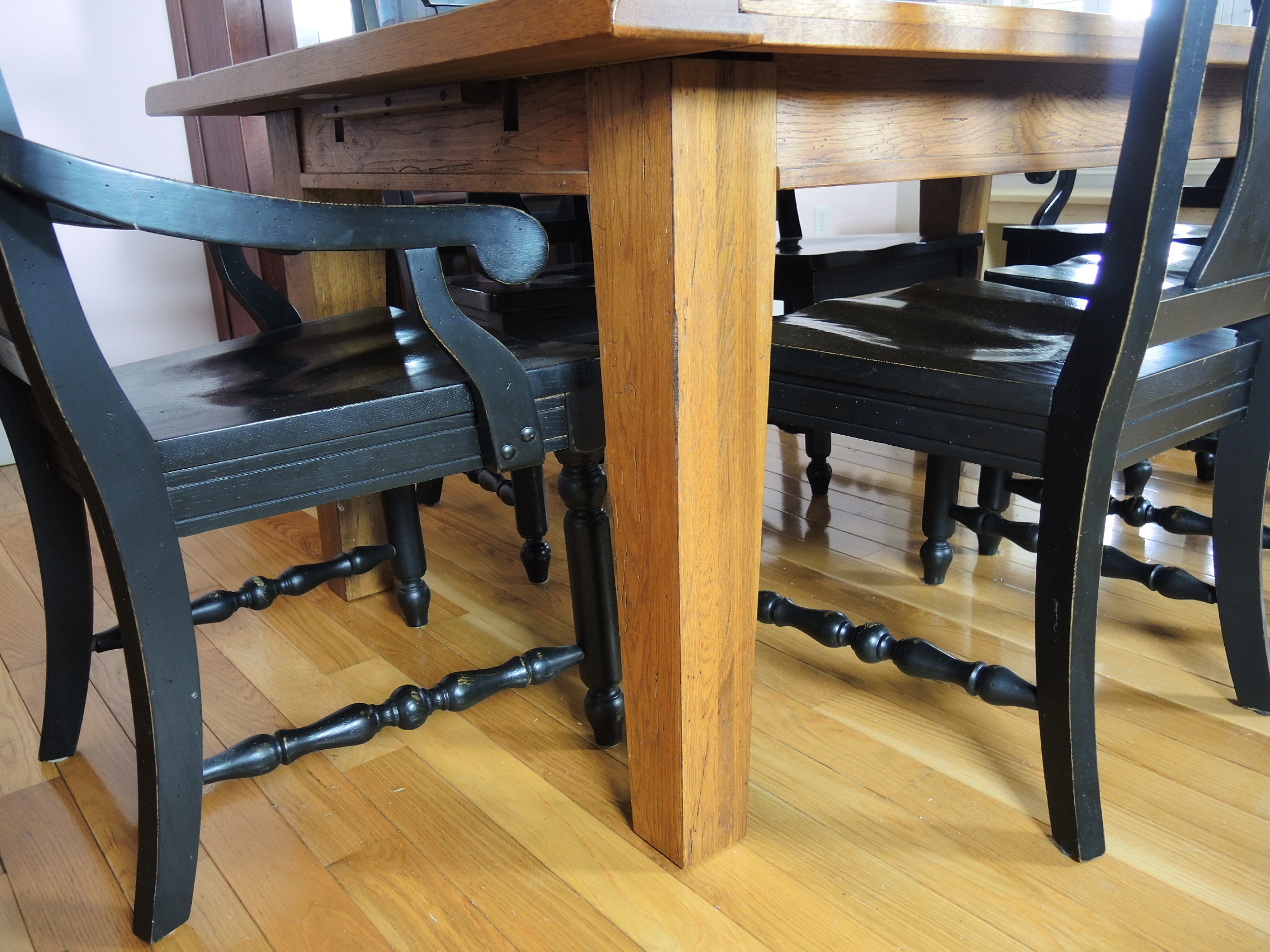 Broyhill "Attic Heirlooms" Rustic Oak Planked Table and Six Ebonized Chairs