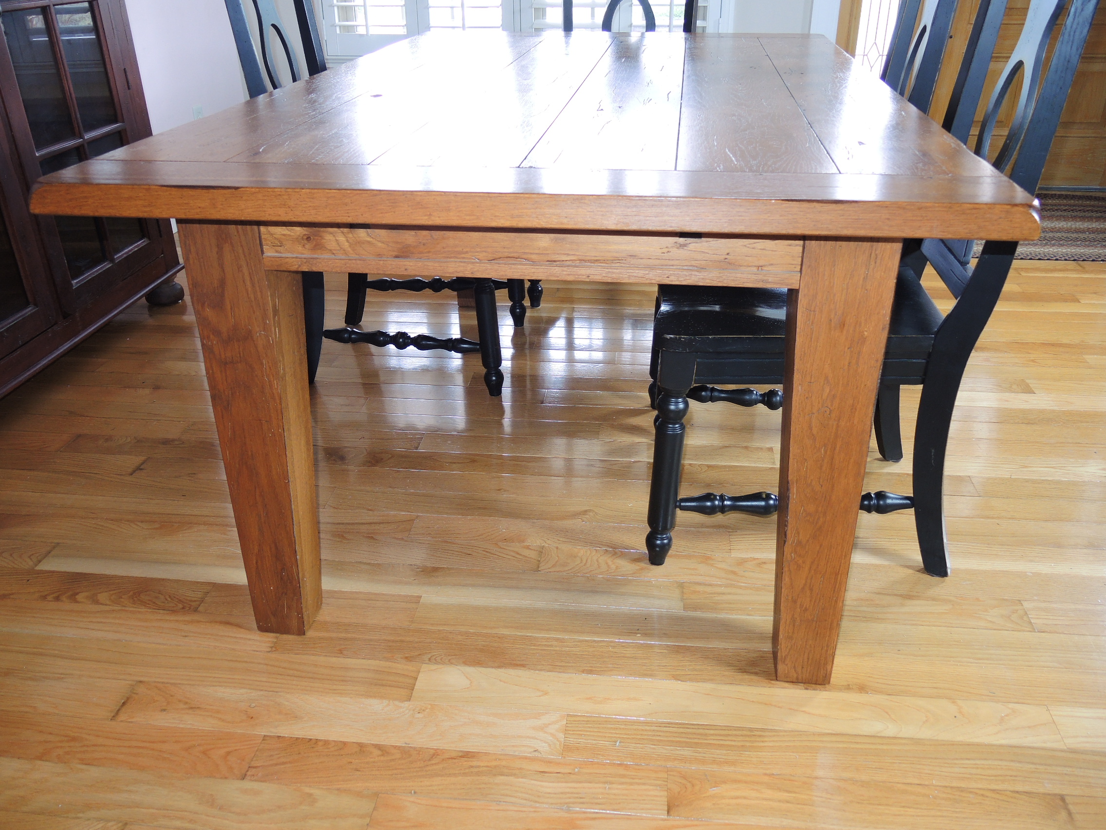 Broyhill "Attic Heirlooms" Rustic Oak Planked Table and Six Ebonized Chairs