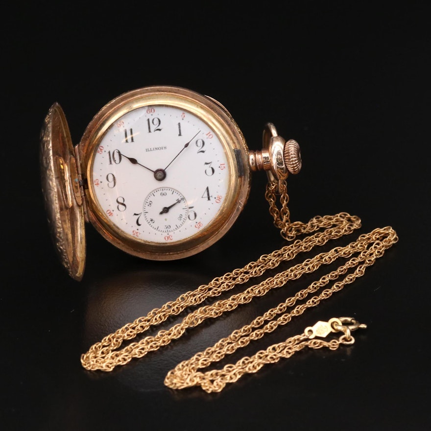 Illinois Gold Filled Hunting Case Pocket Watch with Gold Filled Fob Chain, 1913