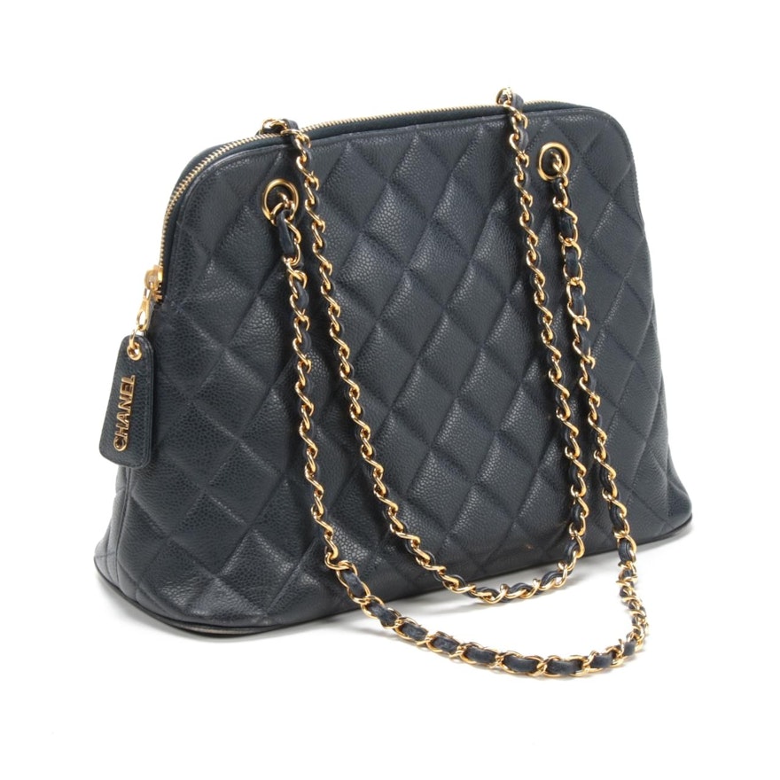 Chanel Navy Quilted Caviar Leather Domed Shoulder Bag