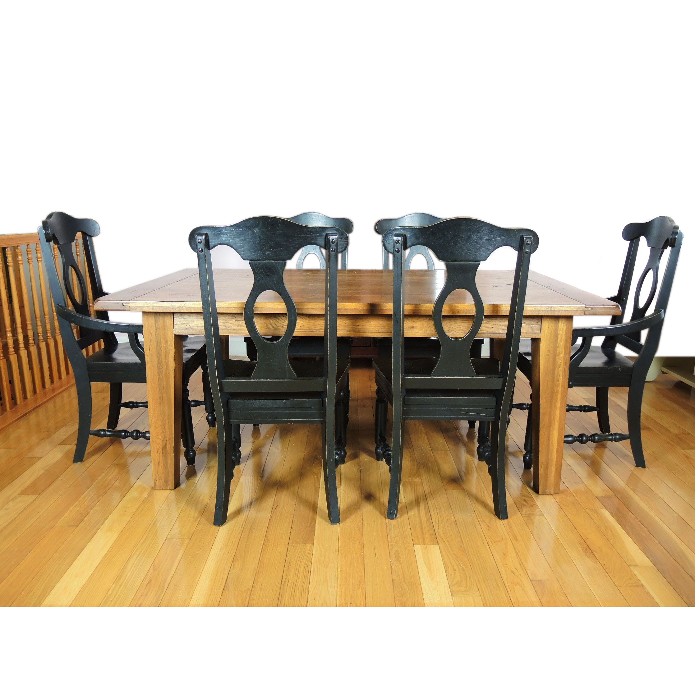 Broyhill "Attic Heirlooms" Rustic Oak Planked Table and Six Ebonized Chairs