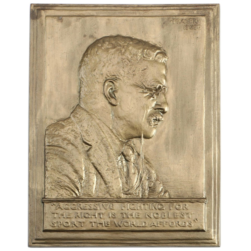 James E. Fraser Theodore Roosevelt Gilt Copper Bas Relief Plaque, 1920s