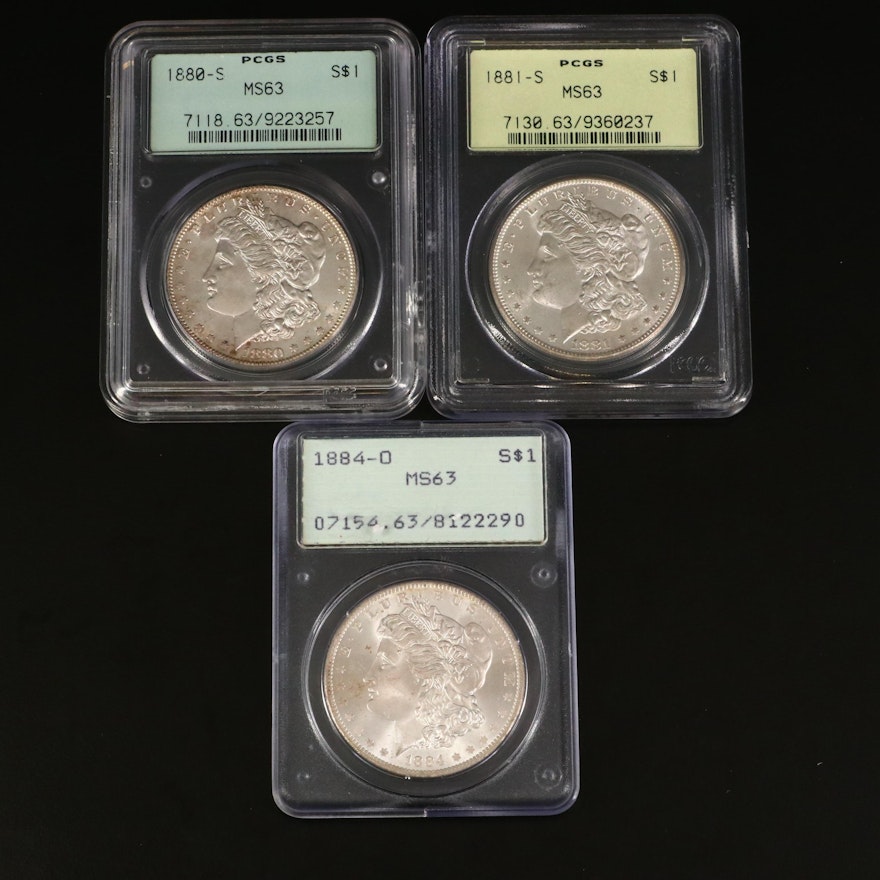 1880-S, 1881-S, and 1884-O PCGS Graded MS63 Silver Morgan Dollars