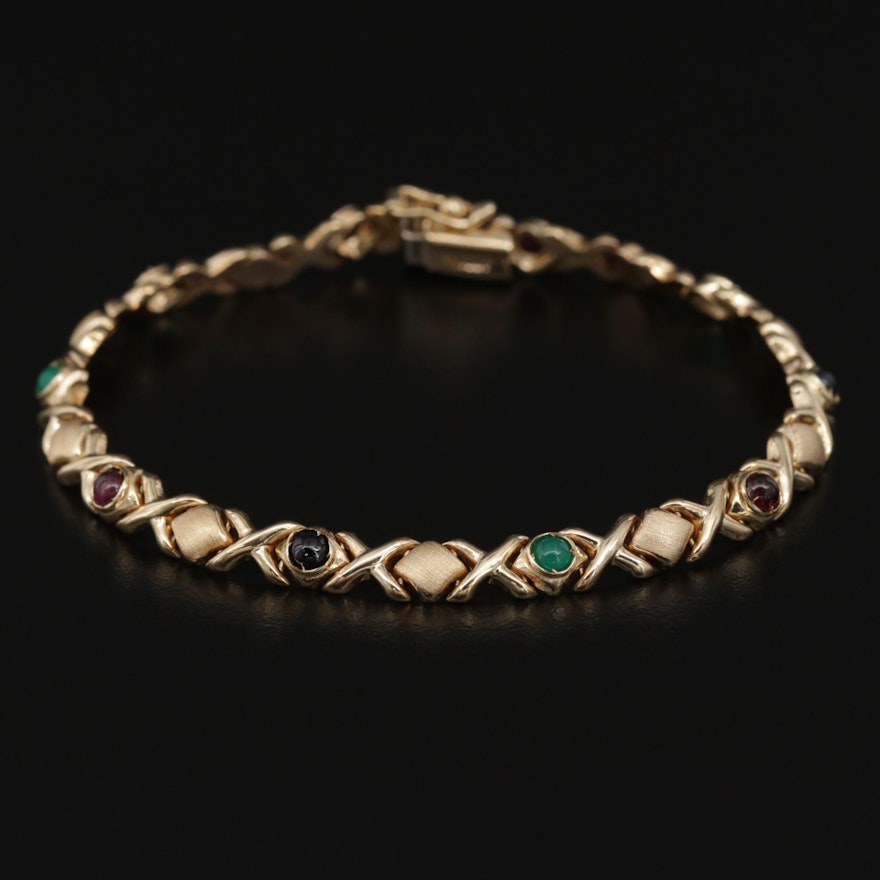 14K Gold XOXO Bracelet Featuring Garnet, Chalcedony and Sapphire