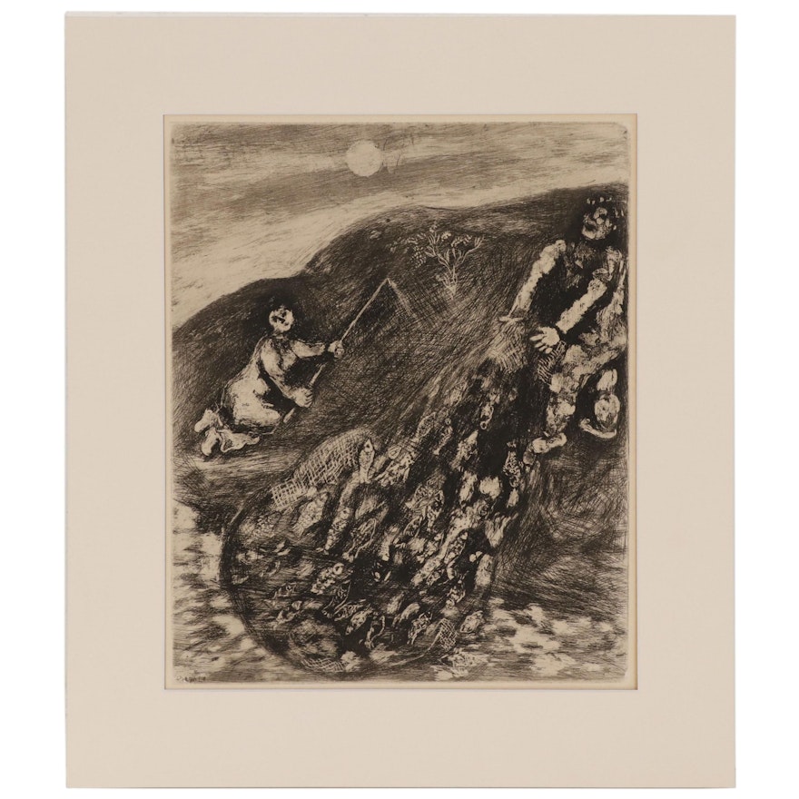 Marc Chagall  Etching "The Fishes and the Shepherd Who Plays the Flute"