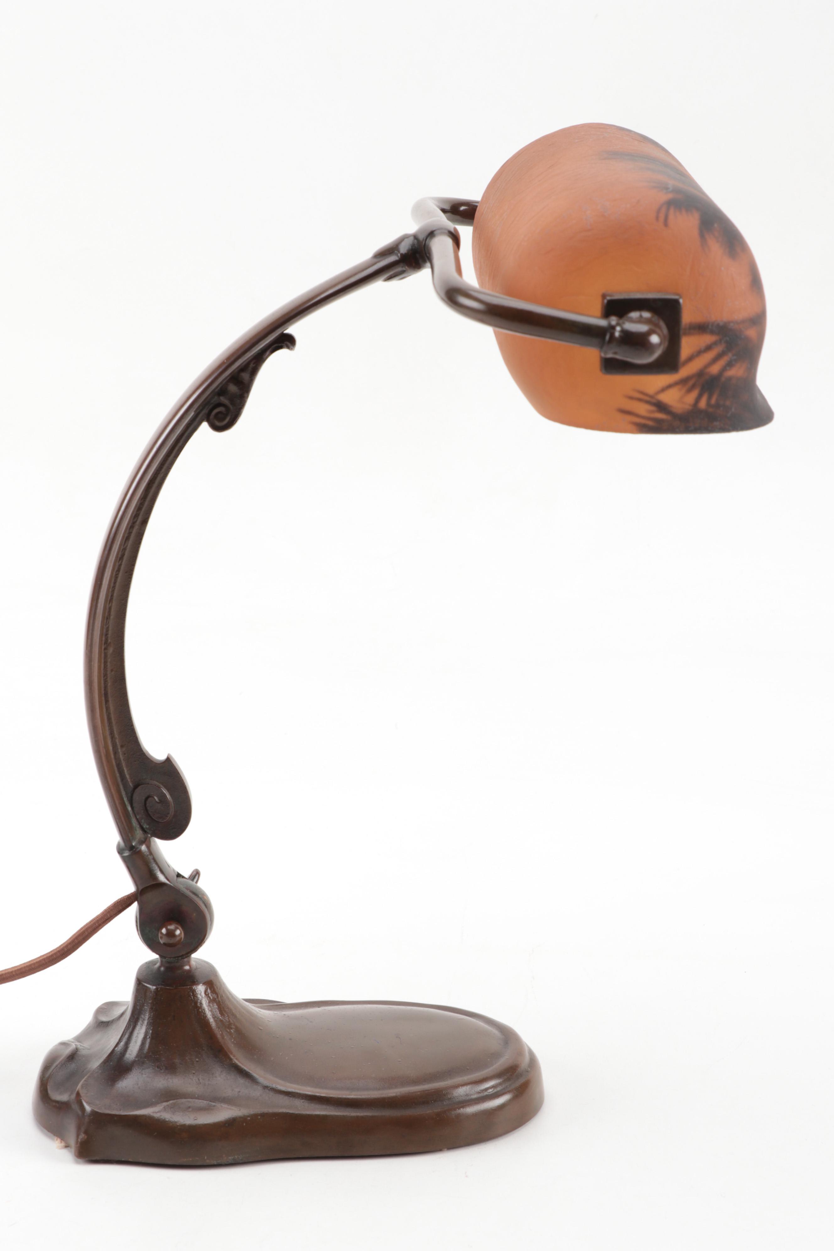 Handel Bronzed Metal Adjustable Desk Lamp with Reverse Painted Glass Shade