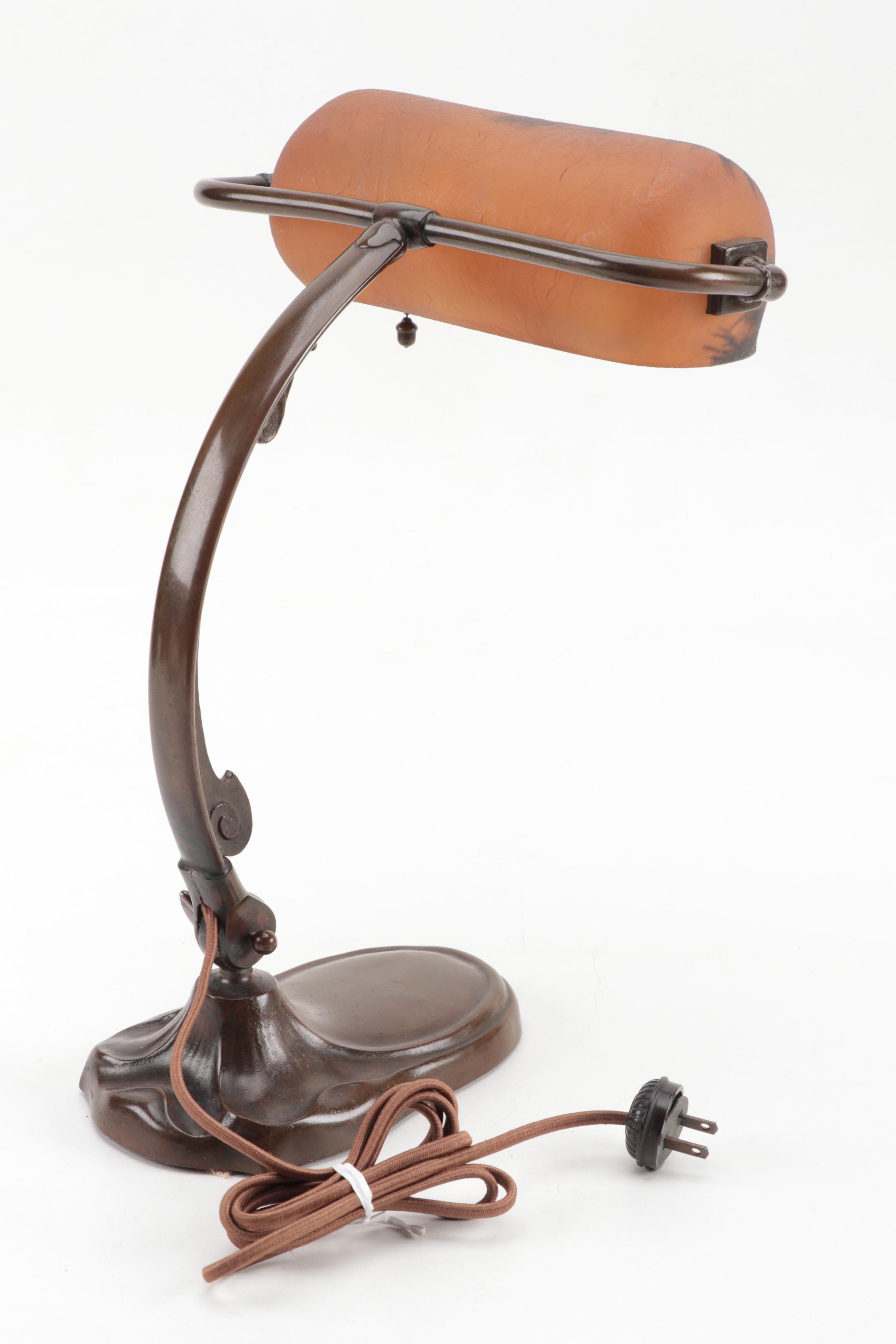 Handel Bronzed Metal Adjustable Desk Lamp with Reverse Painted Glass Shade