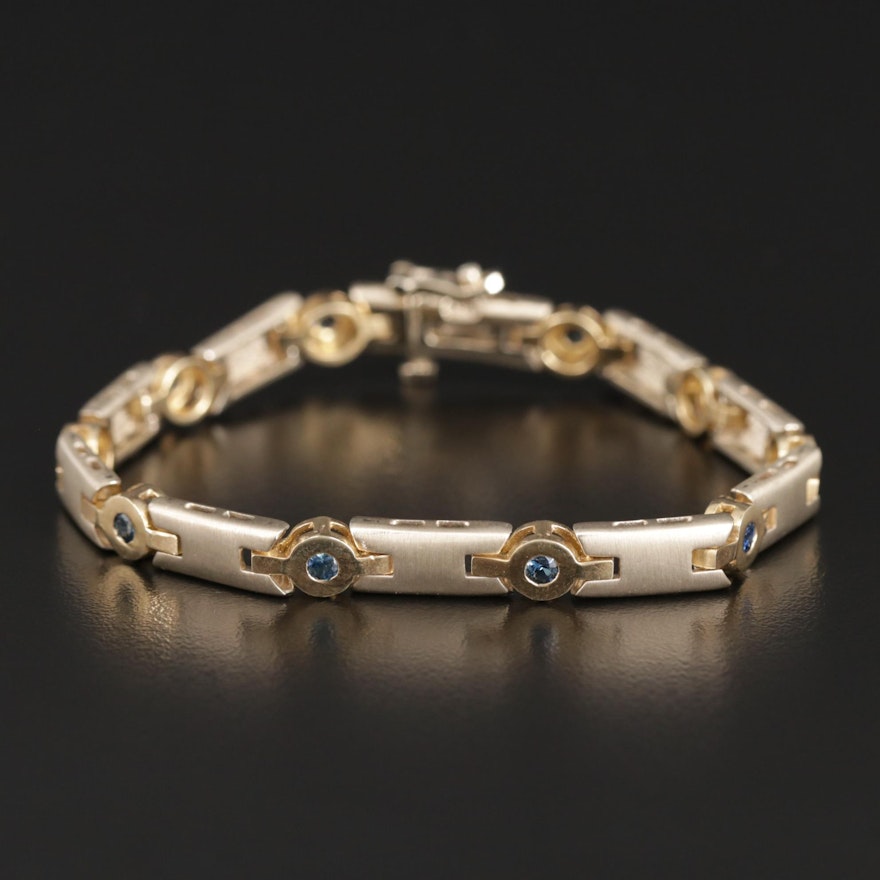 14K Gold and Sapphire Bar Link Bracelet with Polished and Satin Finish