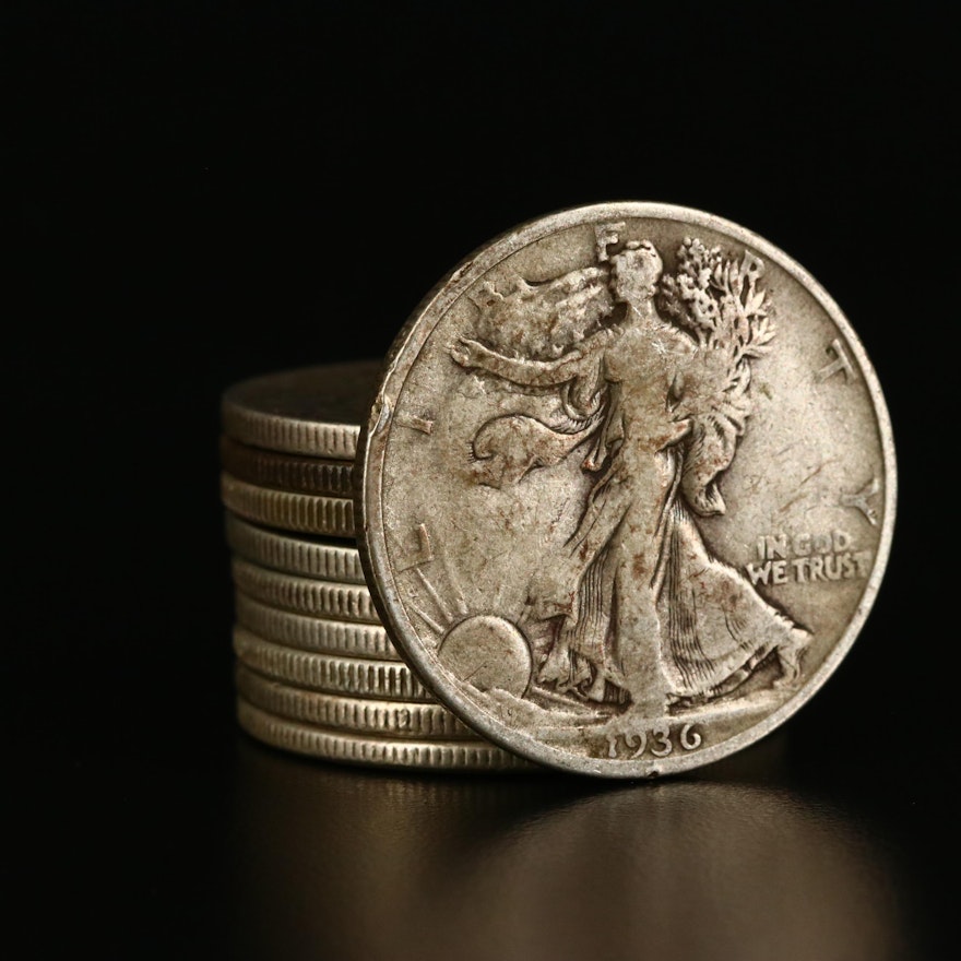 Roll of Ten Walking Liberty Silver Half Dollars From the 30s and 40s