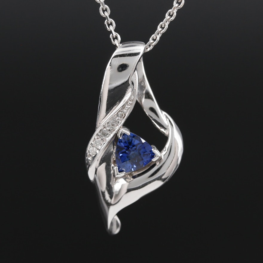 14K White Gold Synthetic Sapphire and Diamond Pendant Necklace