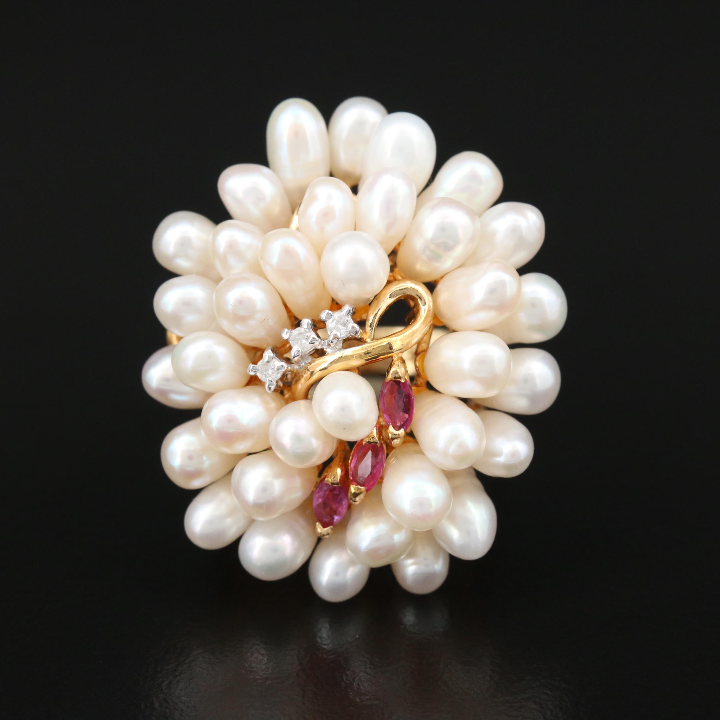 14K Yellow Gold Ruby, Diamond and Pearl Egg Cluster Ring