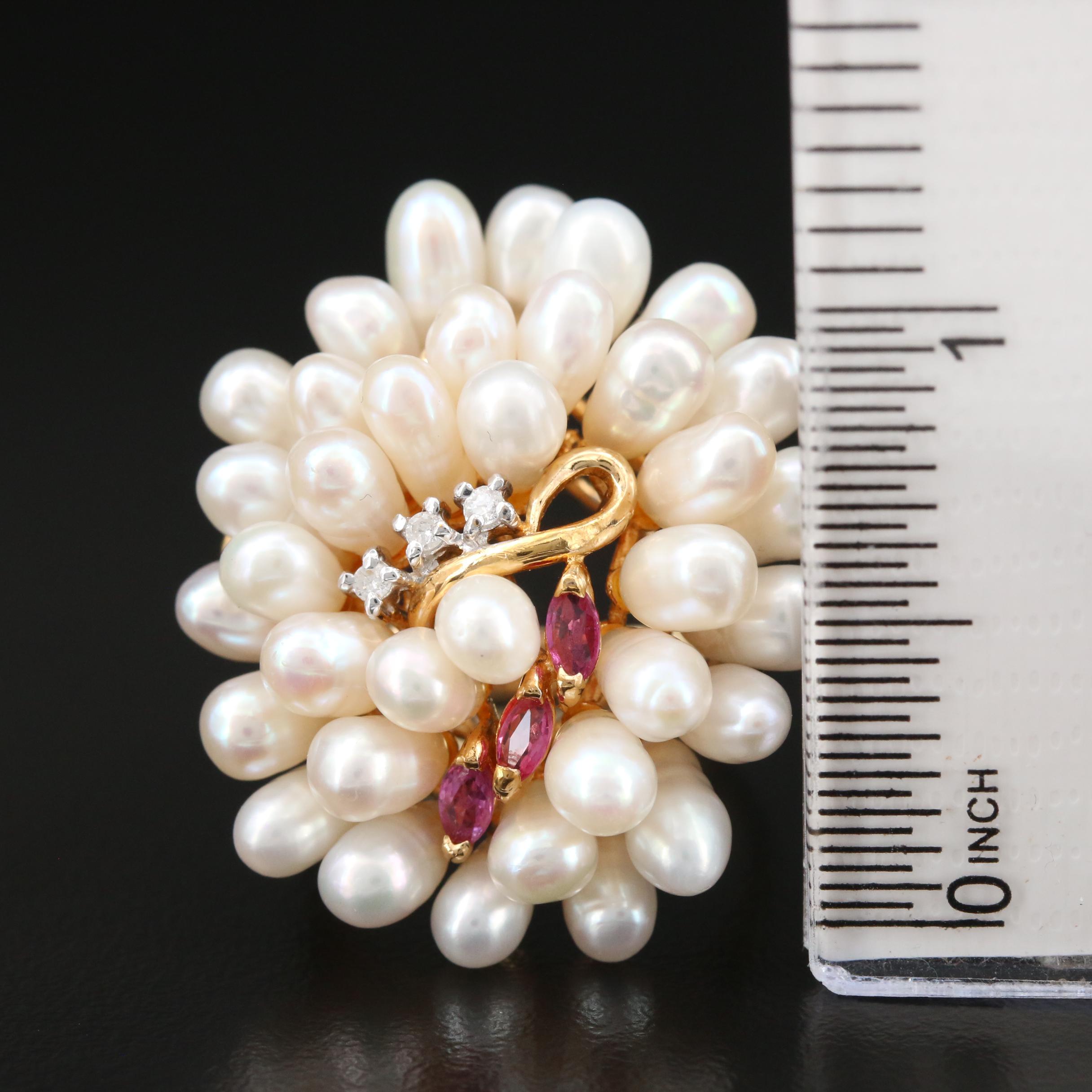 14K Yellow Gold Ruby, Diamond and Pearl Egg Cluster Ring