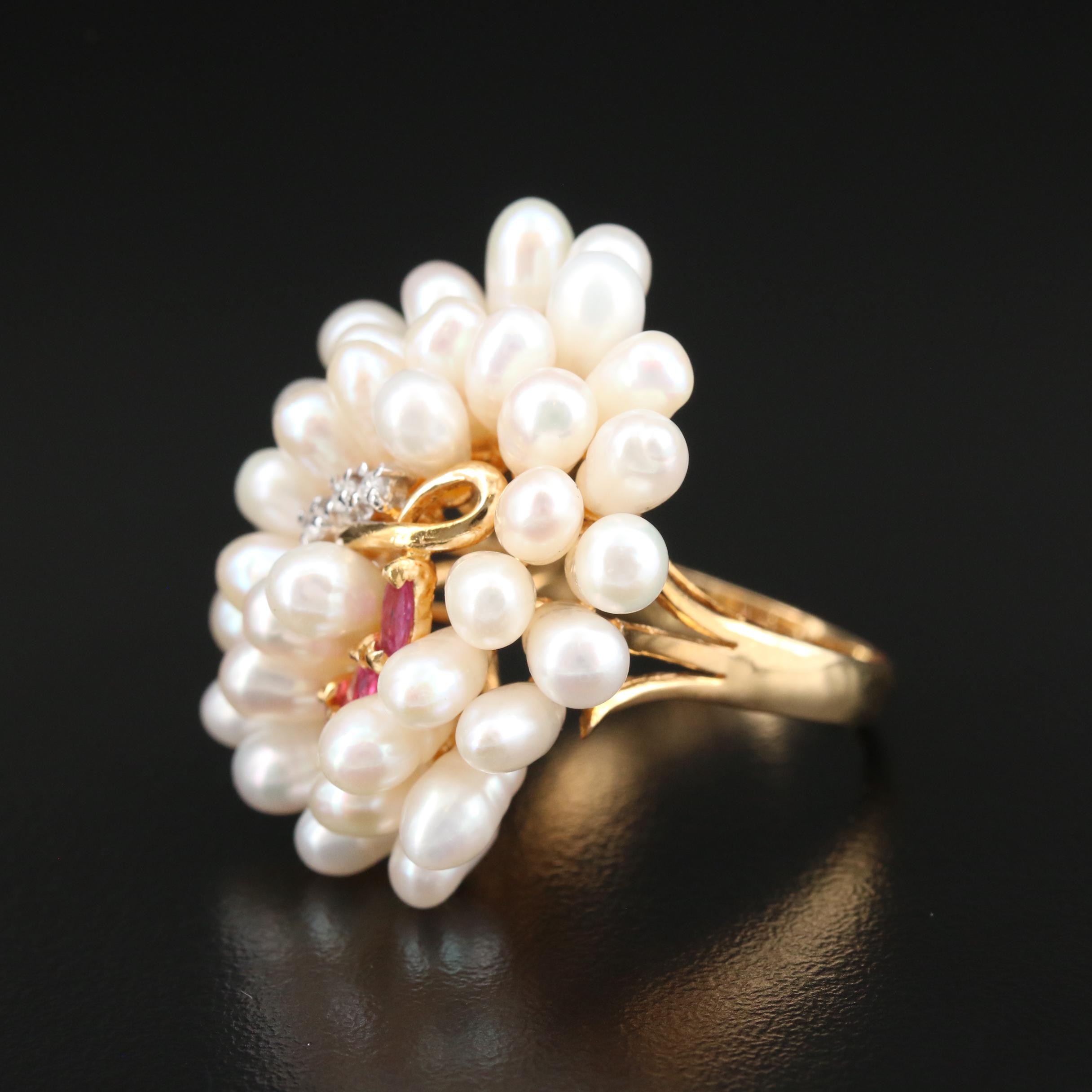 14K Yellow Gold Ruby, Diamond and Pearl Egg Cluster Ring