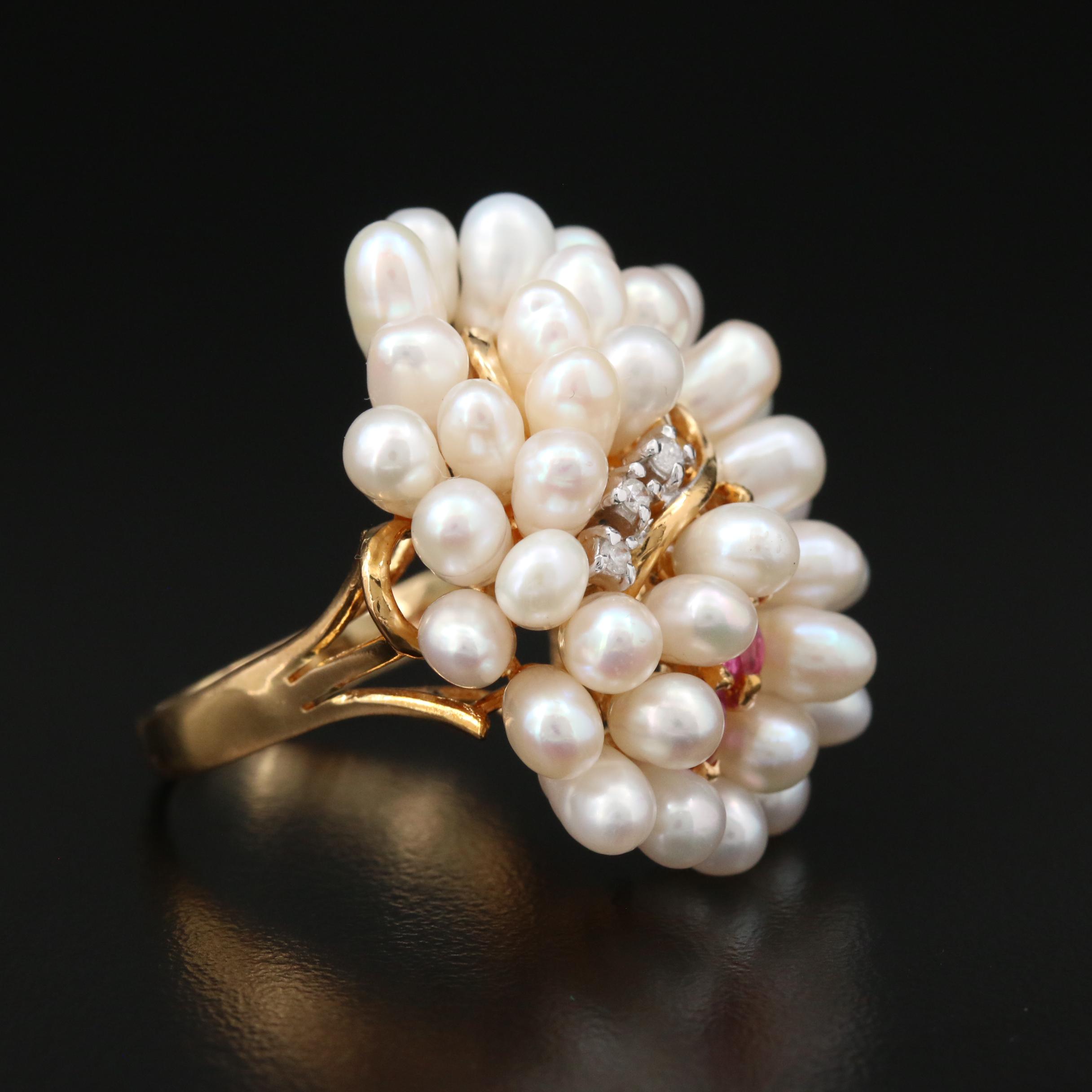 14K Yellow Gold Ruby, Diamond and Pearl Egg Cluster Ring