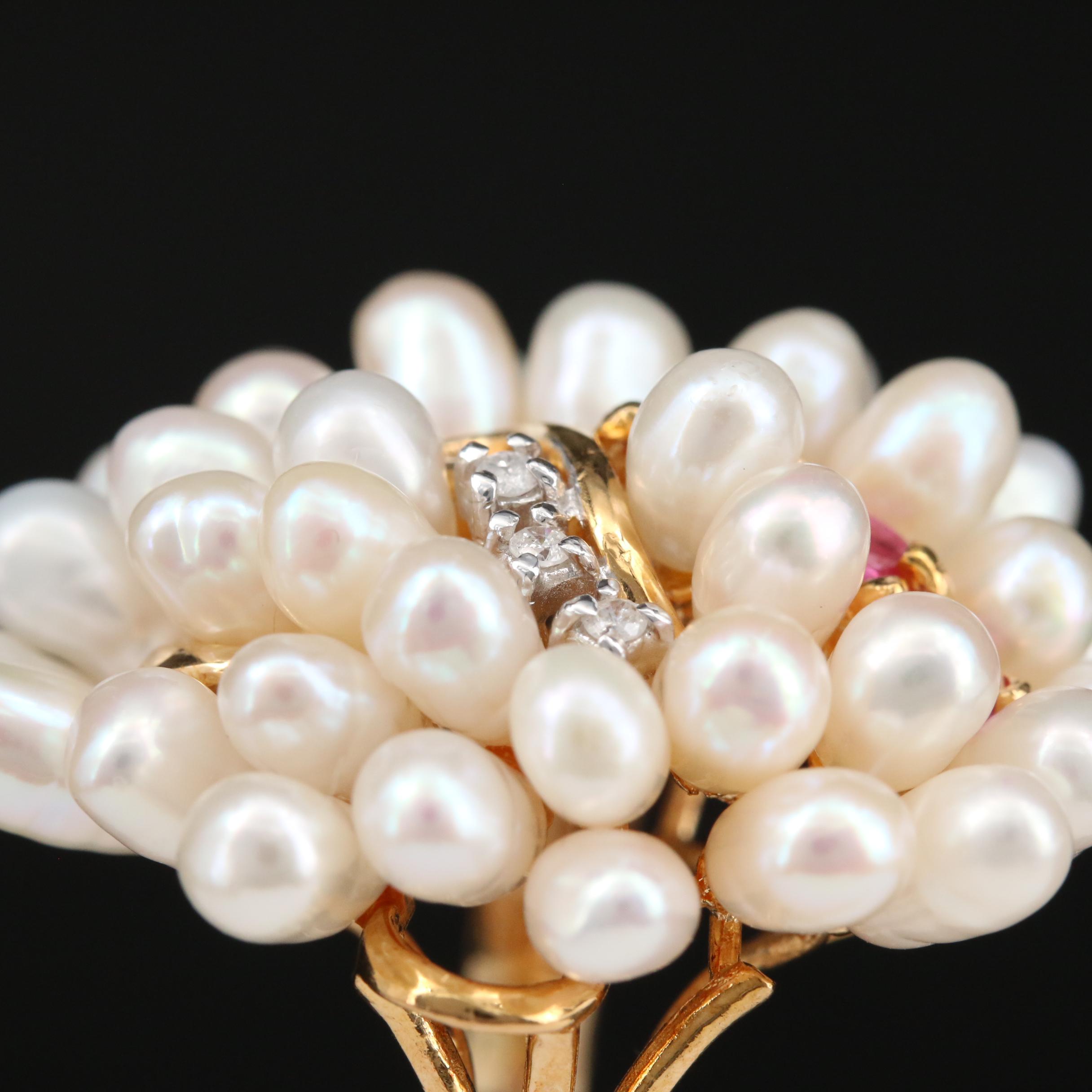 14K Yellow Gold Ruby, Diamond and Pearl Egg Cluster Ring