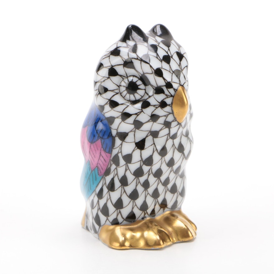 Herend Black Fishnet with Gold "Miniature Owl" Porcelain Figurine, October 1995