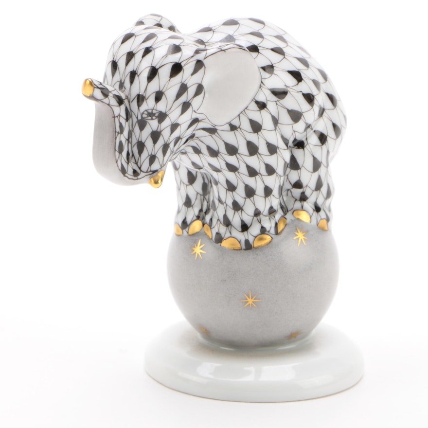 Herend Black Fishnet with Gold "Elephant on Ball" Porcelain Figurine, March 2000