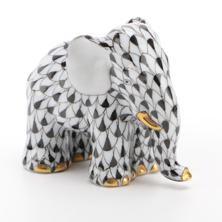 Herend Black Fishnet with Gold "Miniature Elephant" Porcelain Figurine