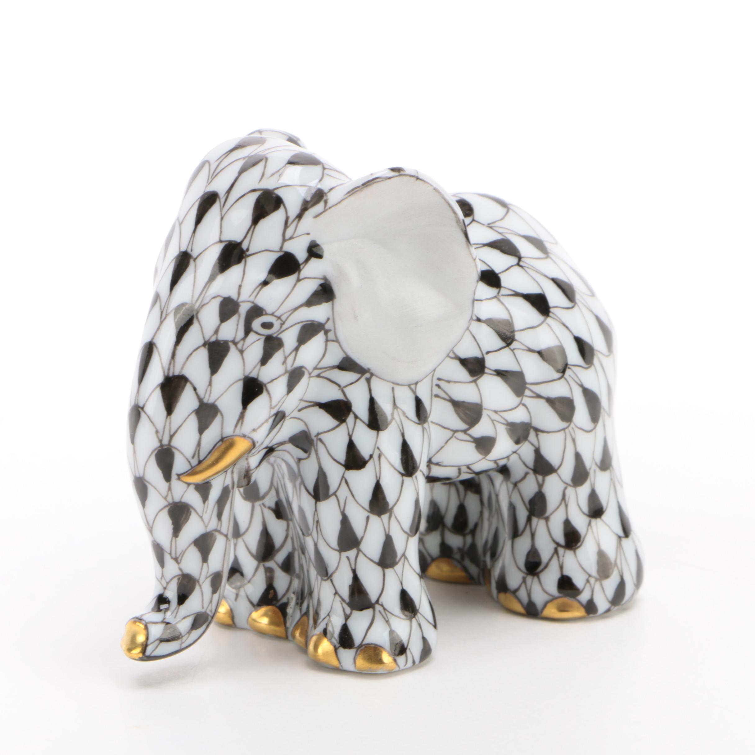 Herend Black Fishnet with Gold "Miniature Elephant" Porcelain Figurine