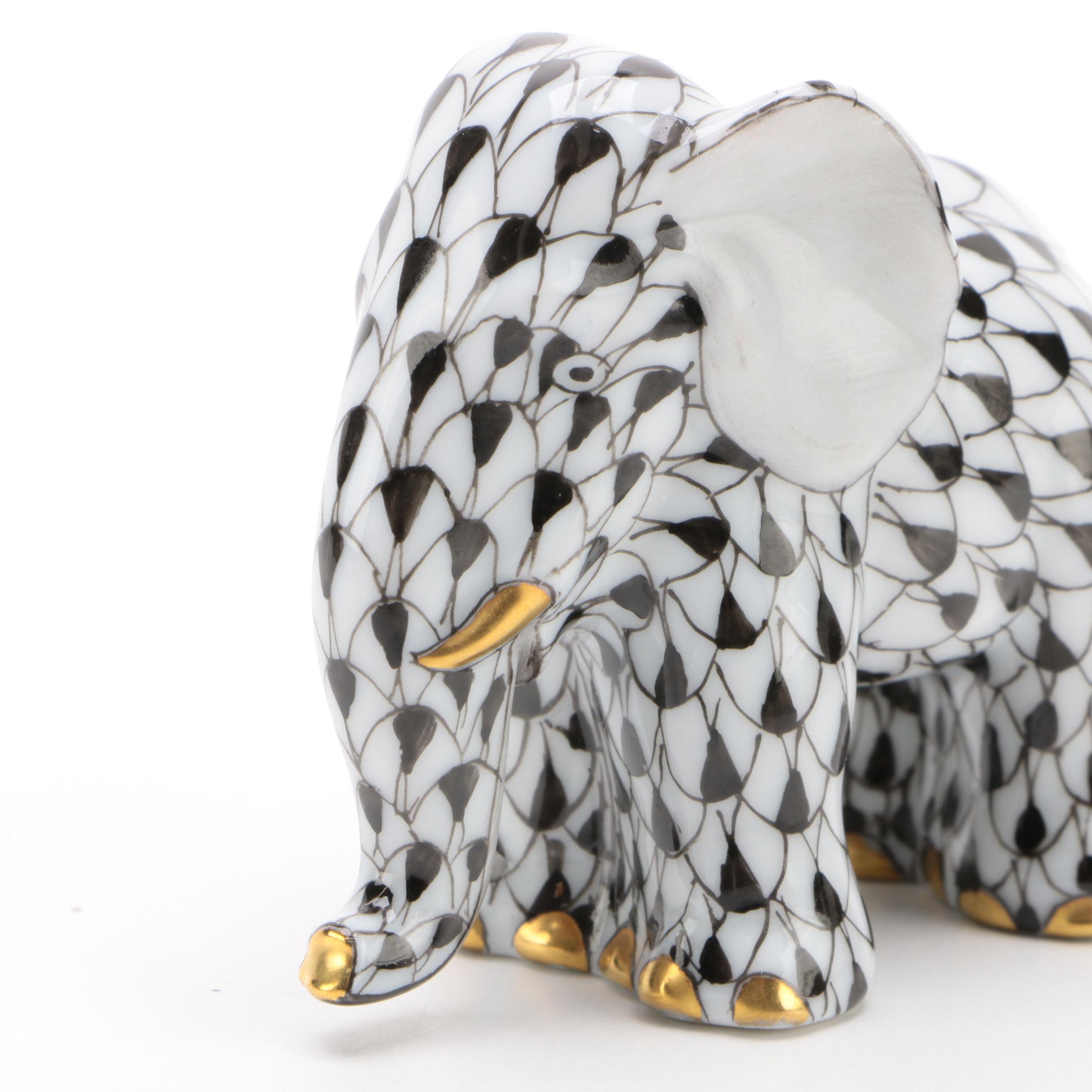 Herend Black Fishnet with Gold "Miniature Elephant" Porcelain Figurine