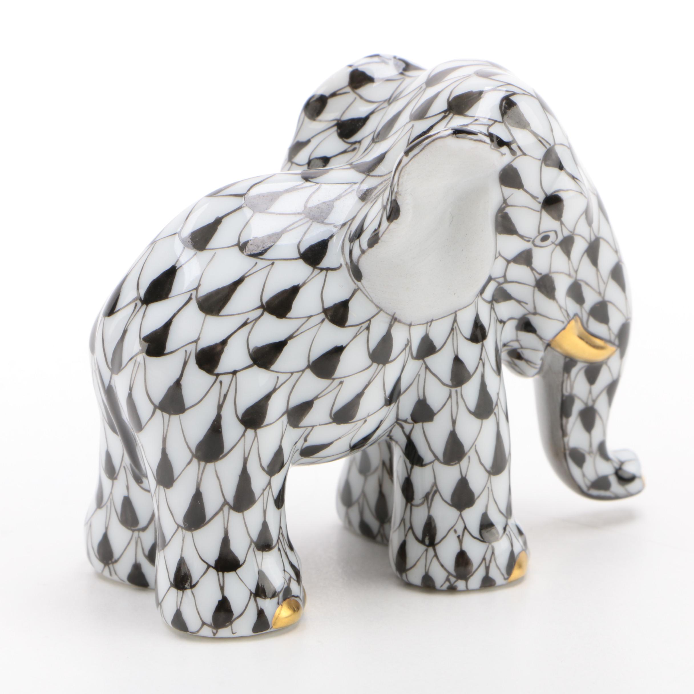 Herend Black Fishnet with Gold "Miniature Elephant" Porcelain Figurine