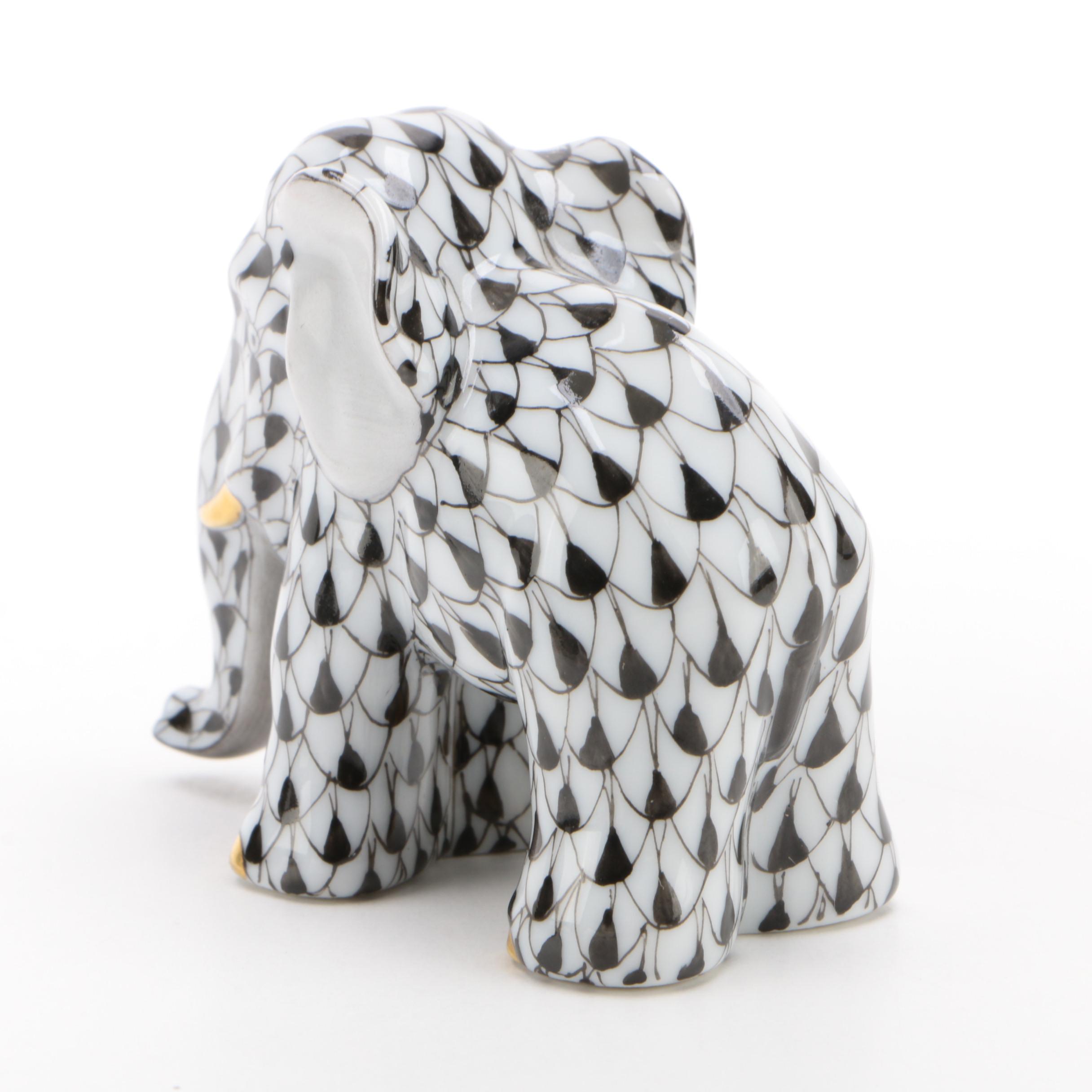 Herend Black Fishnet with Gold "Miniature Elephant" Porcelain Figurine