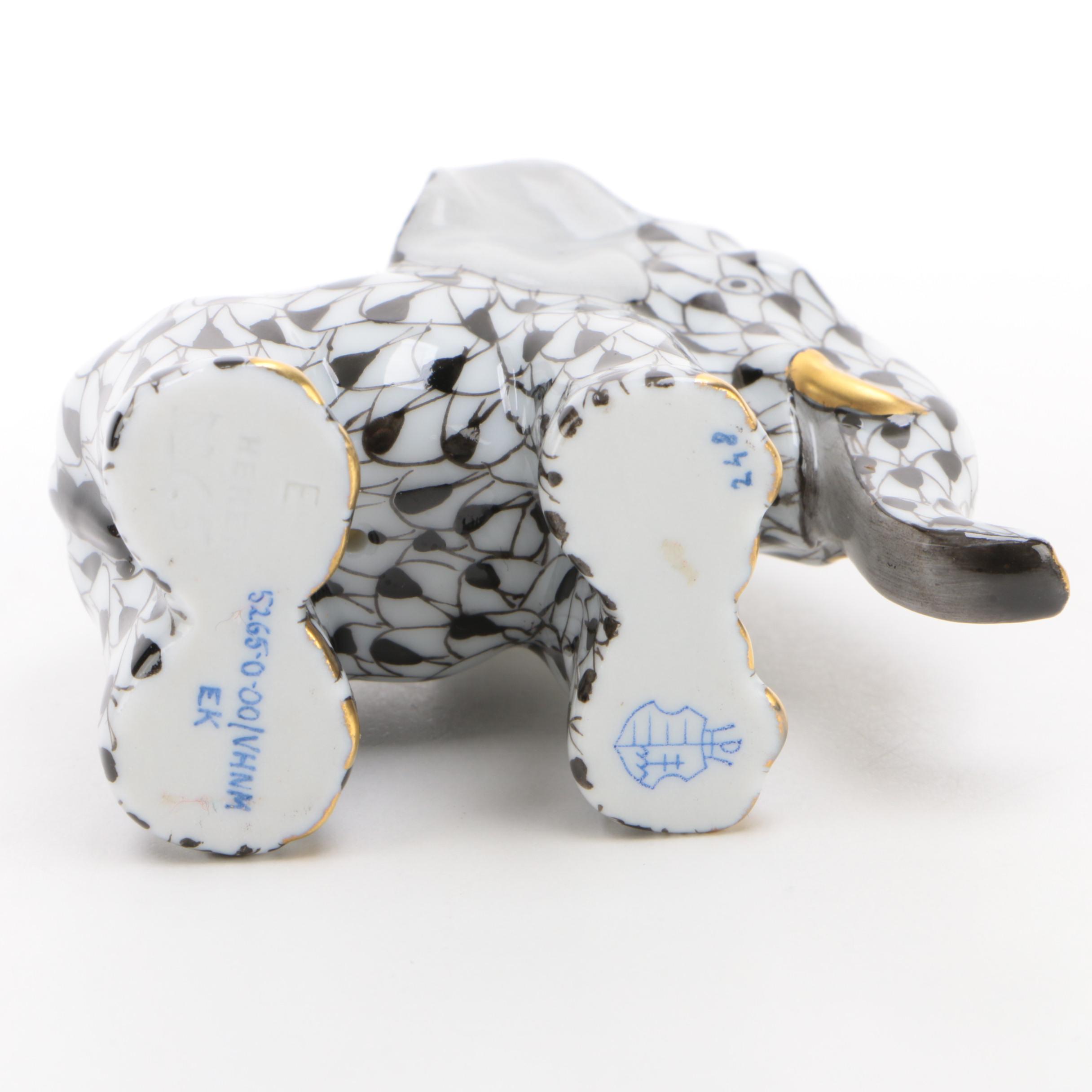 Herend Black Fishnet with Gold "Miniature Elephant" Porcelain Figurine