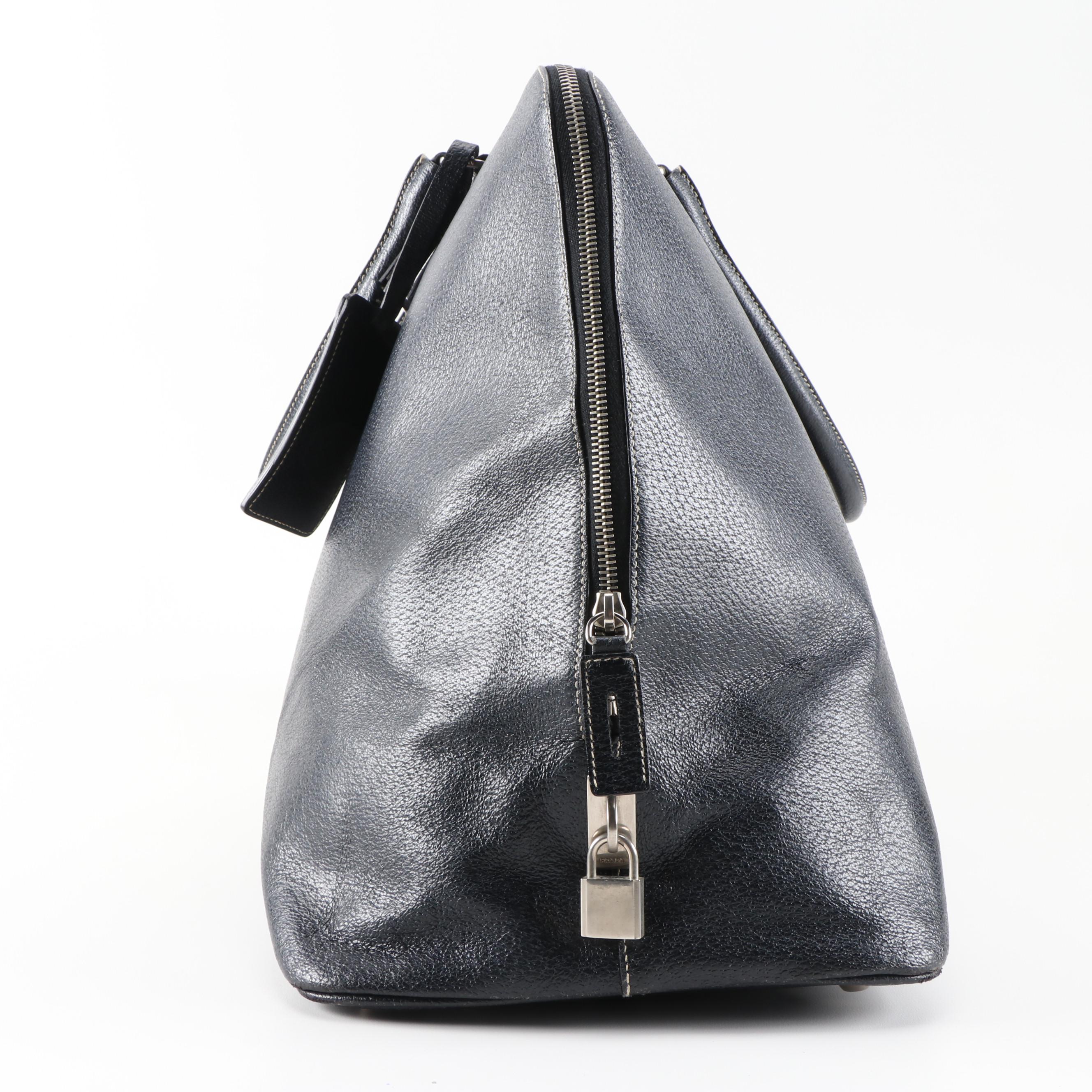 Prada Deep Navy Blue Textured Leather Carry-On