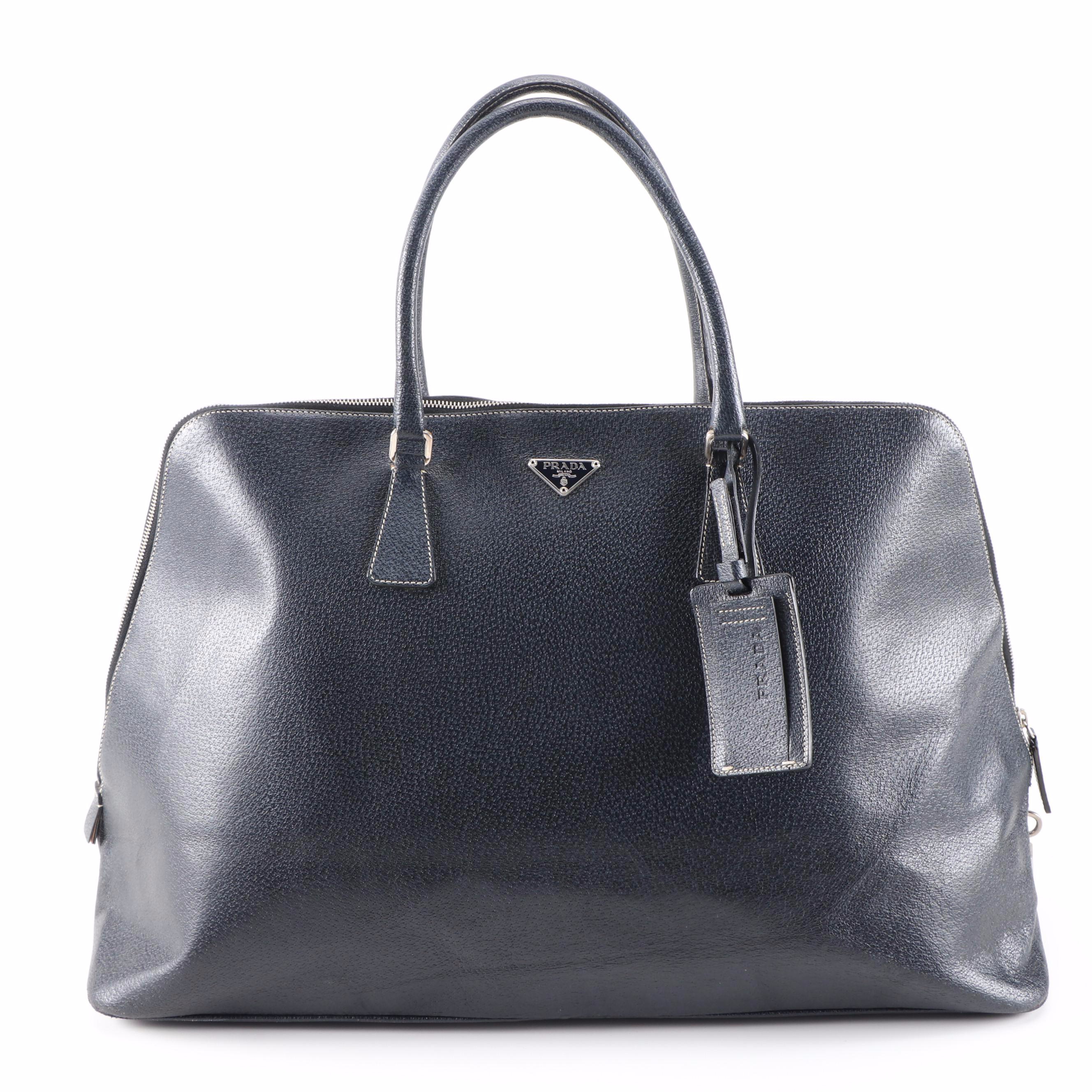 Prada Deep Navy Blue Textured Leather Carry-On