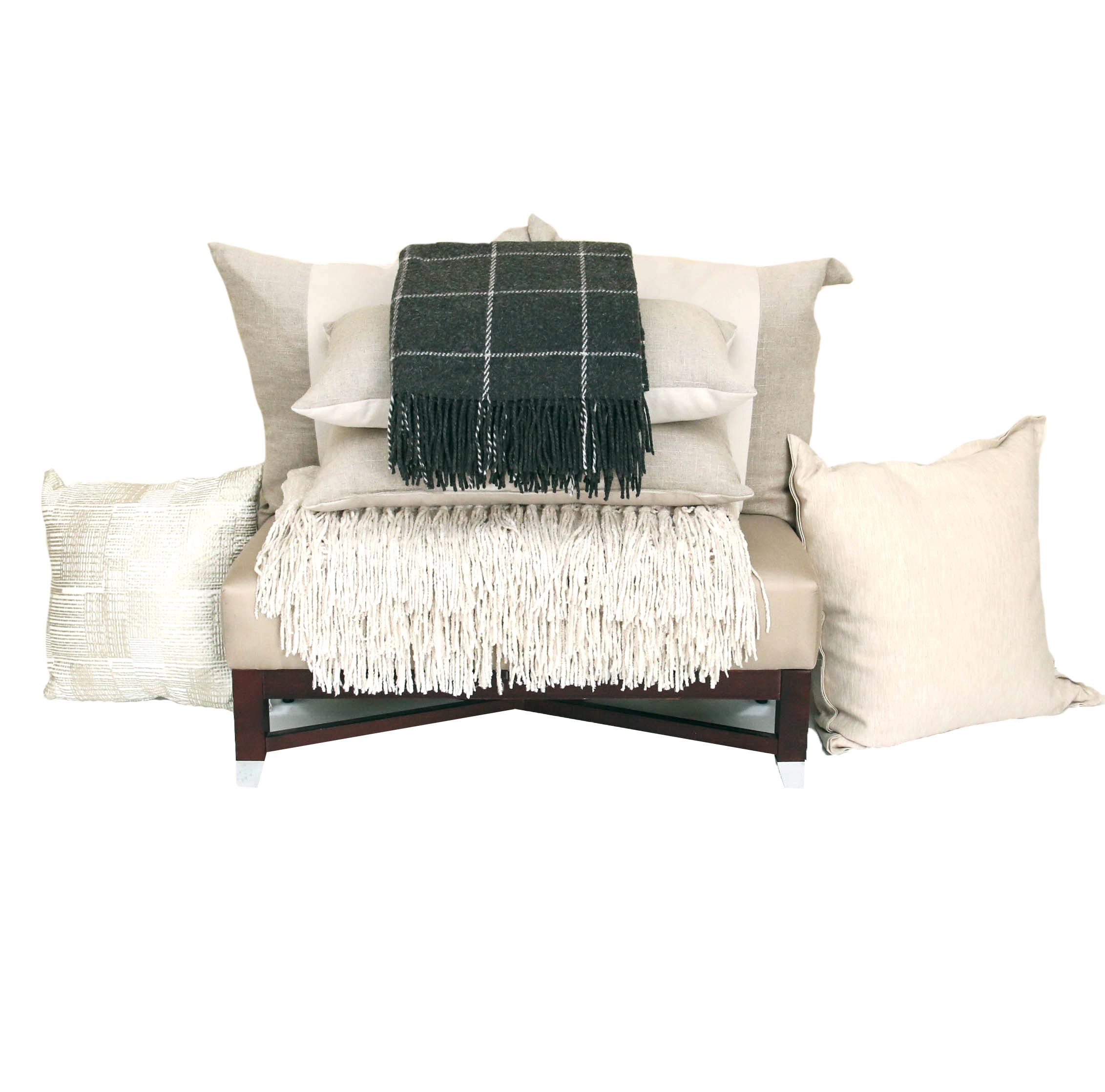 Tufted Upholstered Bench, Decorative Pillows and Throw Blankets